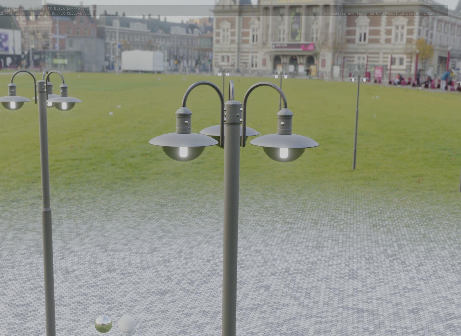 Street Light -7- Matt Black Version -3 Lamps-  Low-poly 3D model_68