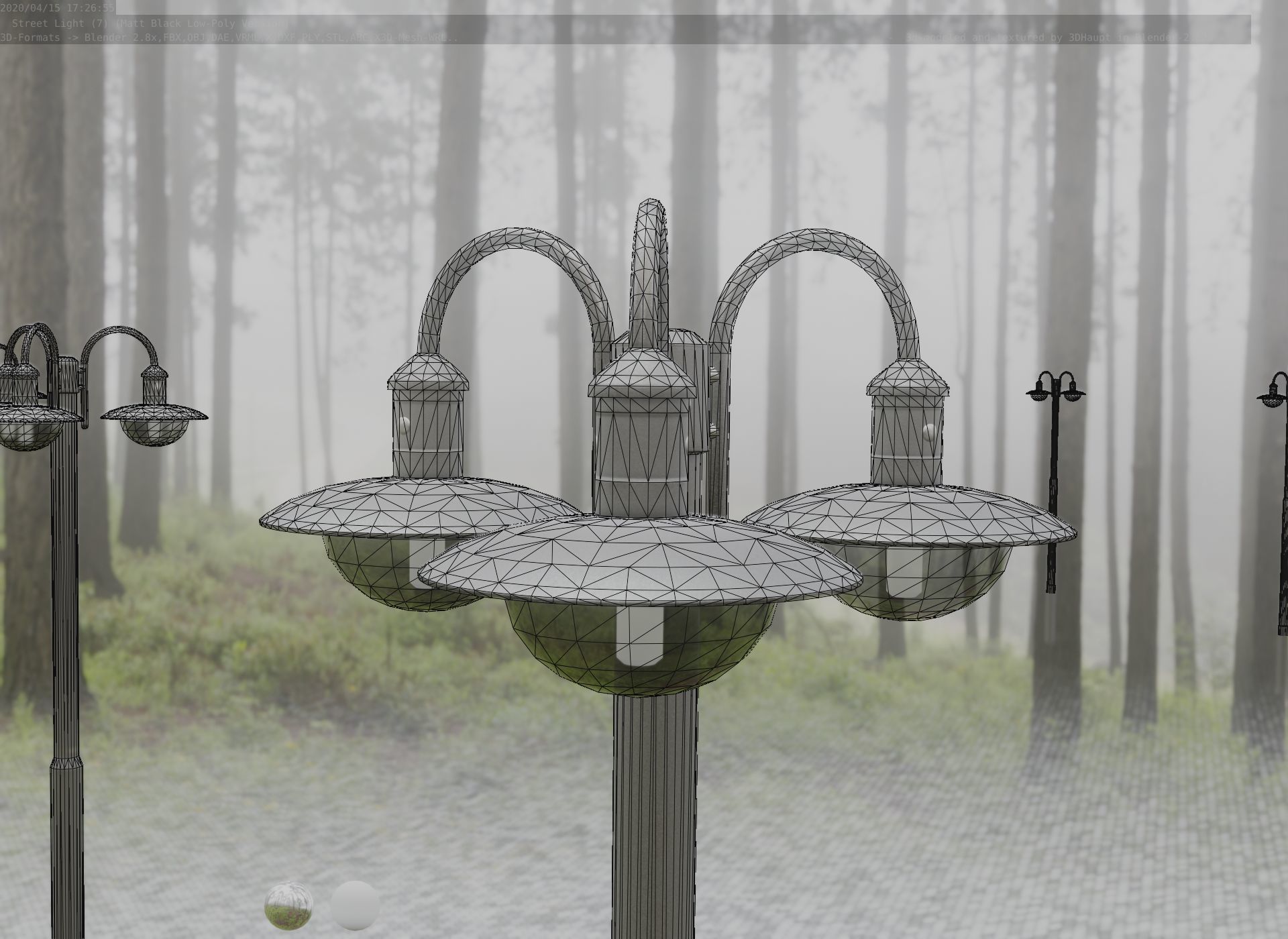 Street Light -7- Matt Black Version -3 Lamps-  Low-poly 3D model_41