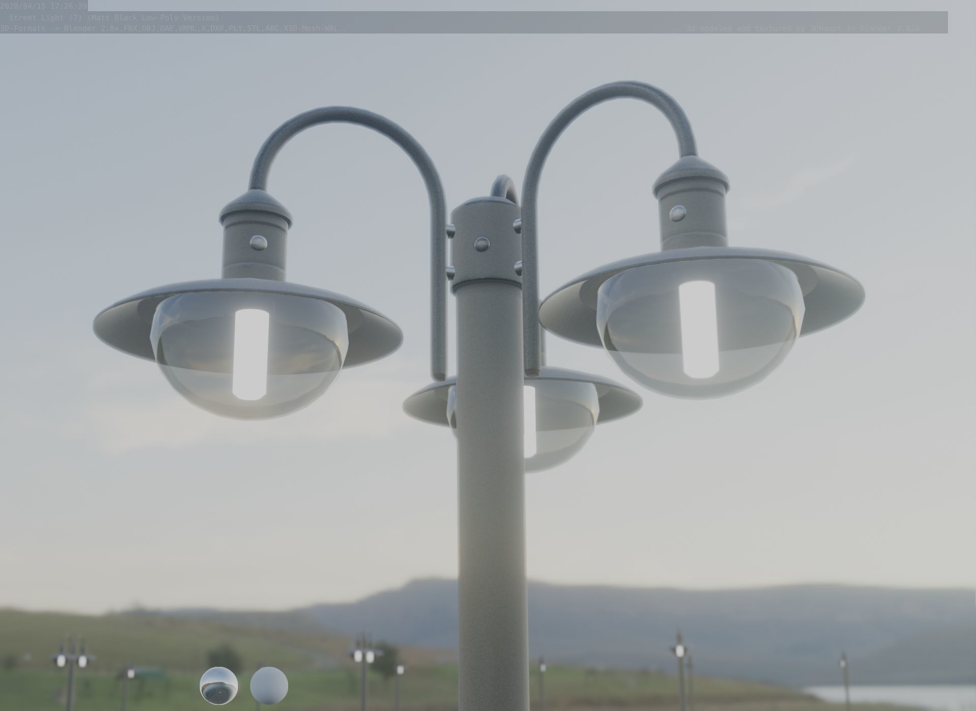 Street Light -7- Matt Black Version -3 Lamps-  Low-poly 3D model_30