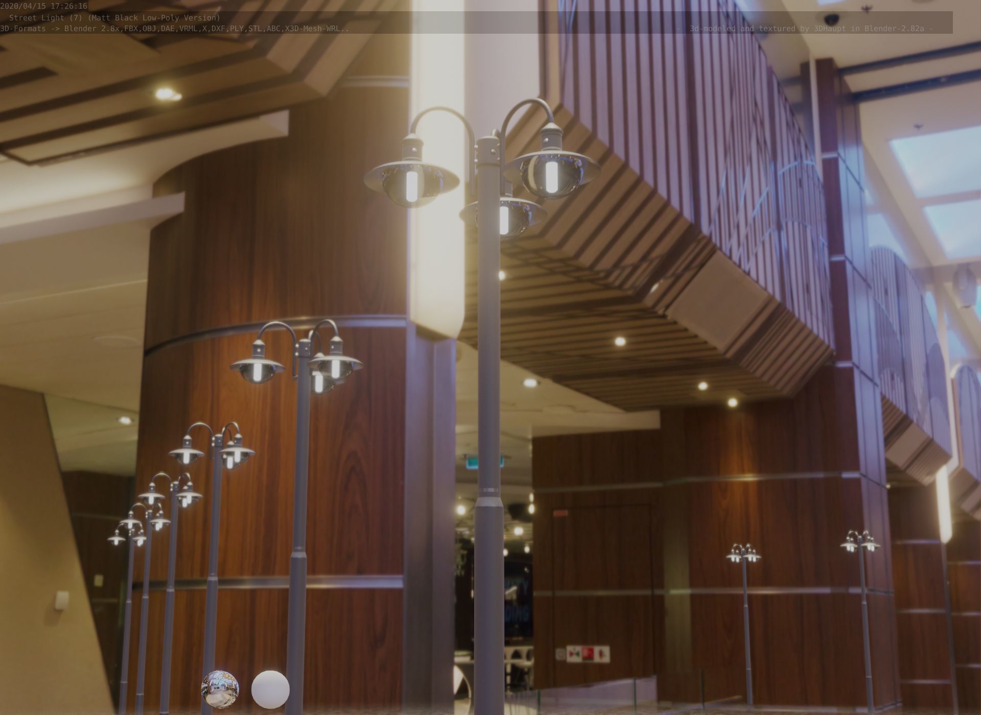 Street Light -7- Matt Black Version -3 Lamps-  Low-poly 3D model_17