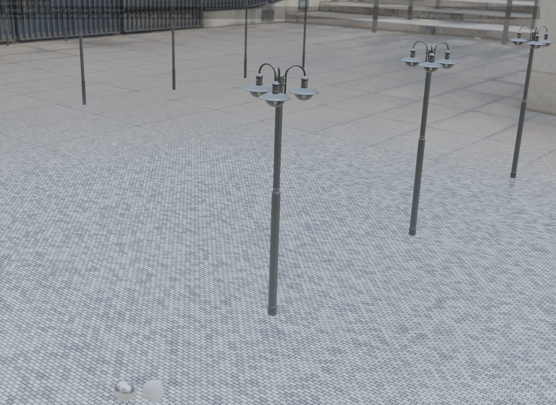 Street Light -7- Matt Black Version -3 Lamps-  Low-poly 3D model_79