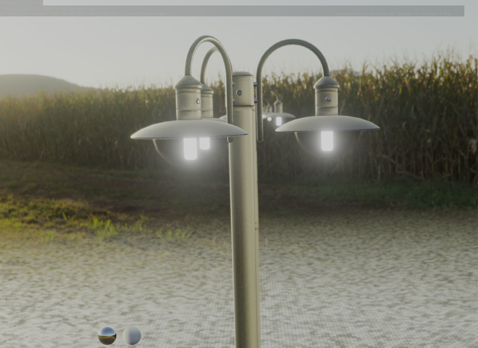 Street Light -7- Matt Black Version -3 Lamps-  Low-poly 3D model_97