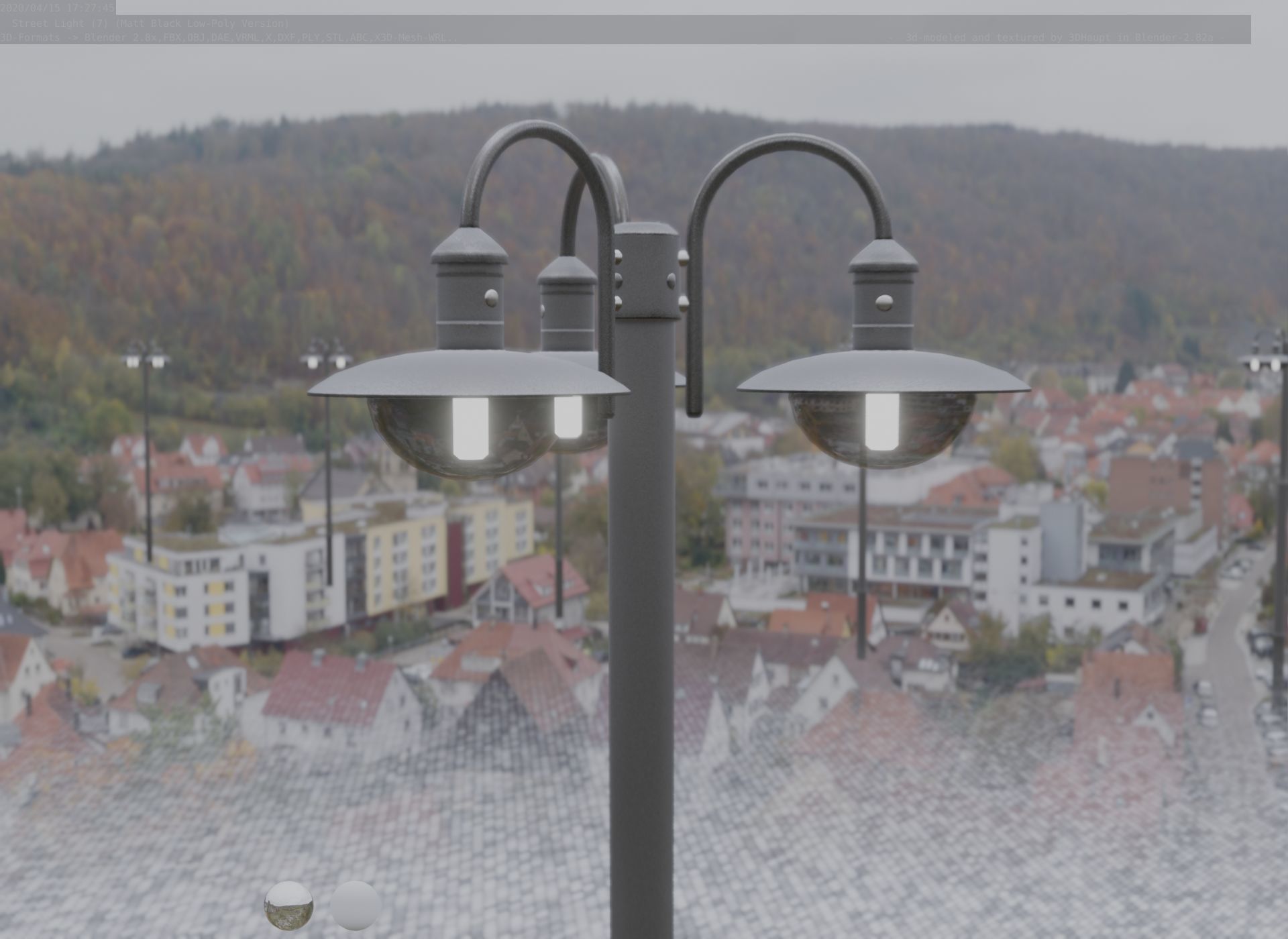 Street Light -7- Matt Black Version -3 Lamps-  Low-poly 3D model_65