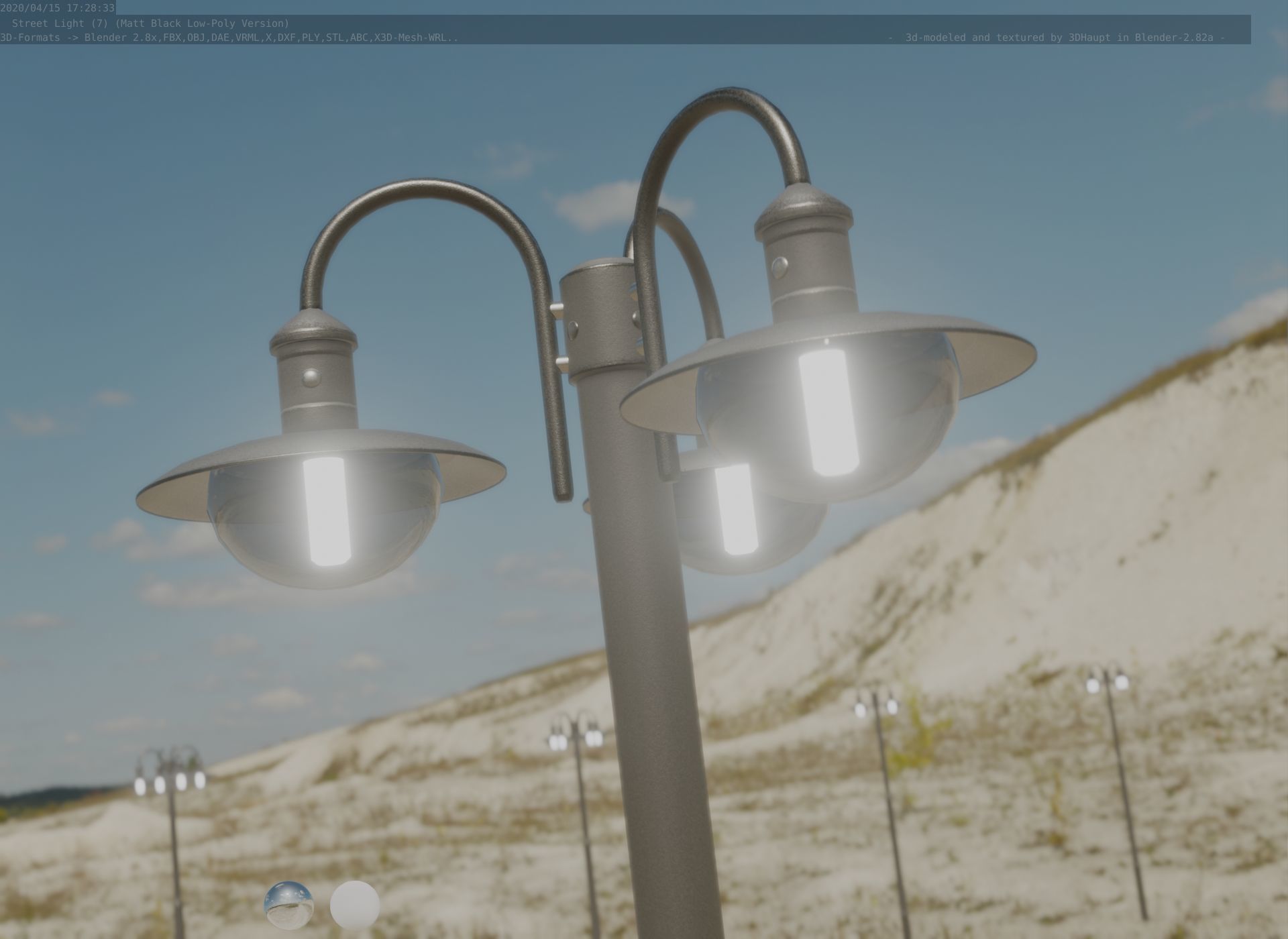 Street Light -7- Matt Black Version -3 Lamps-  Low-poly 3D model_10