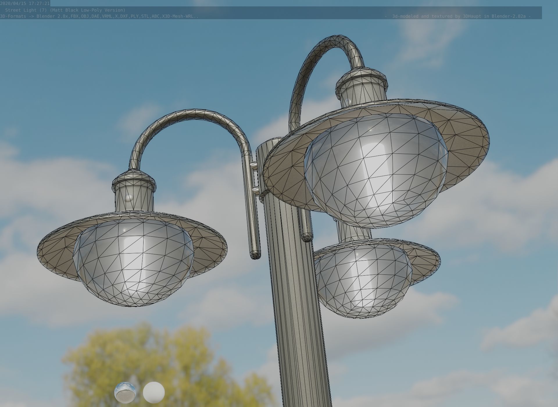 Street Light -7- Matt Black Version -3 Lamps-  Low-poly 3D model_54