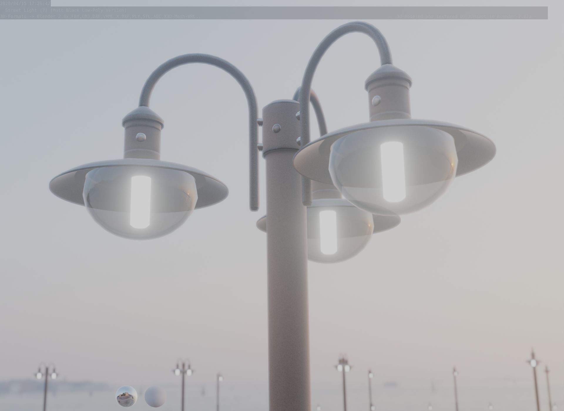 Street Light -7- Matt Black Version -3 Lamps-  Low-poly 3D model_32