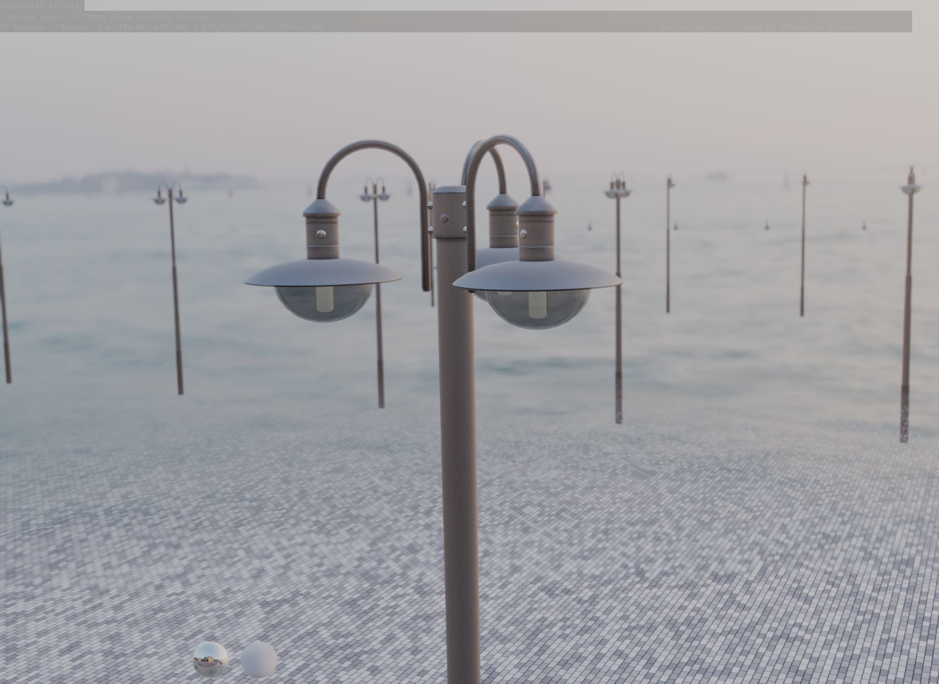 Street Light -7- Matt Black Version -3 Lamps-  Low-poly 3D model_89