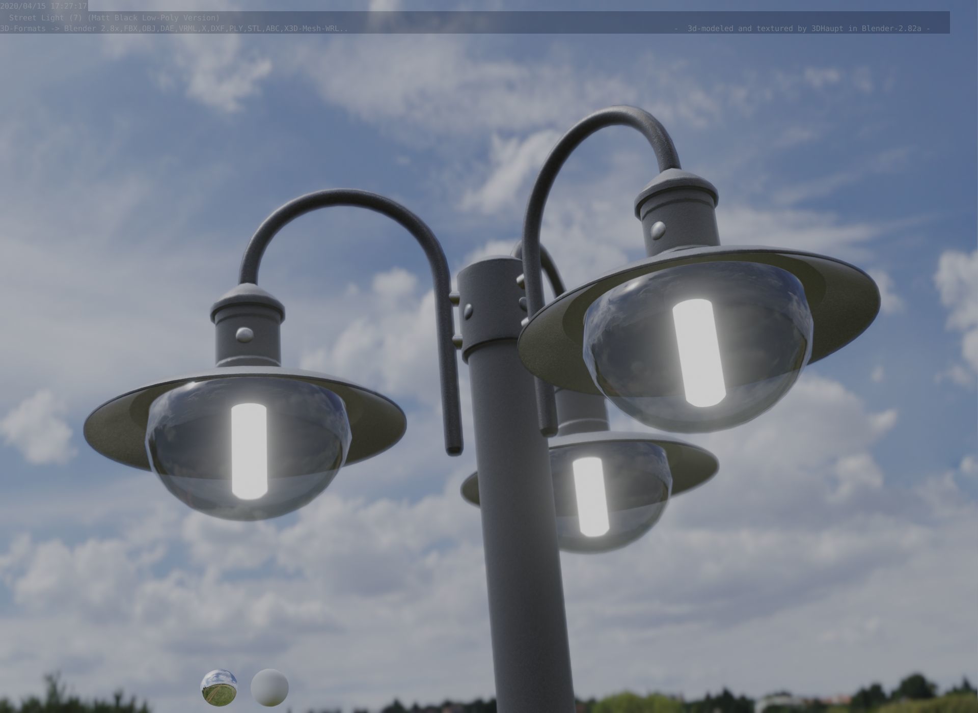 Street Light -7- Matt Black Version -3 Lamps-  Low-poly 3D model_52