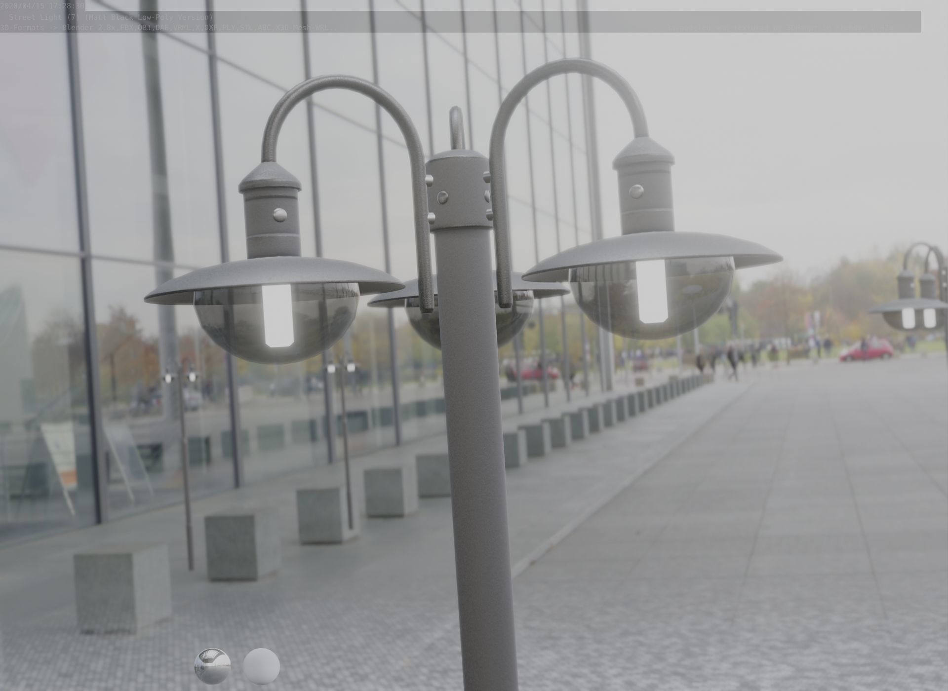 Street Light -7- Matt Black Version -3 Lamps-  Low-poly 3D model_1