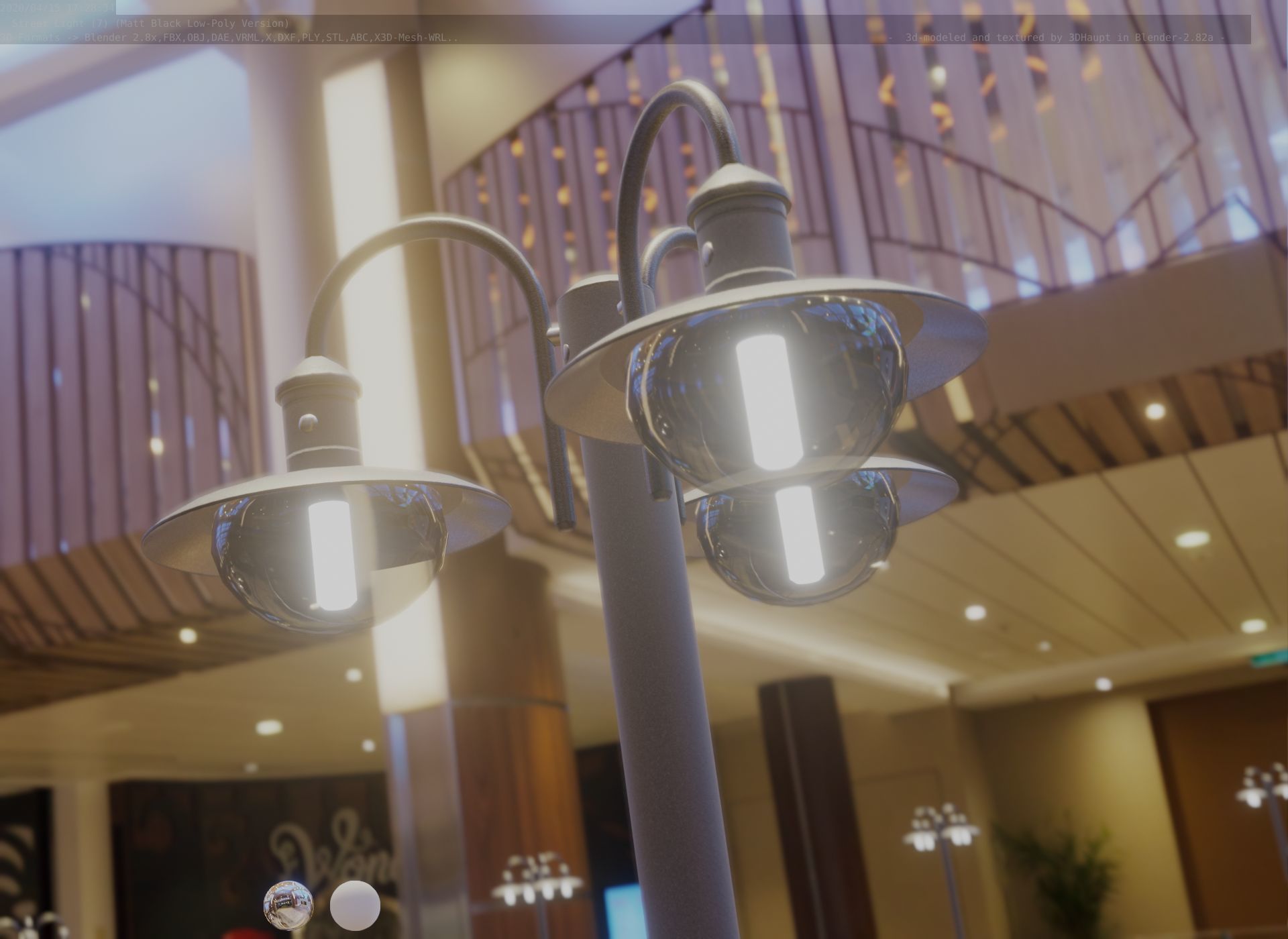 Street Light -7- Matt Black Version -3 Lamps-  Low-poly 3D model_11