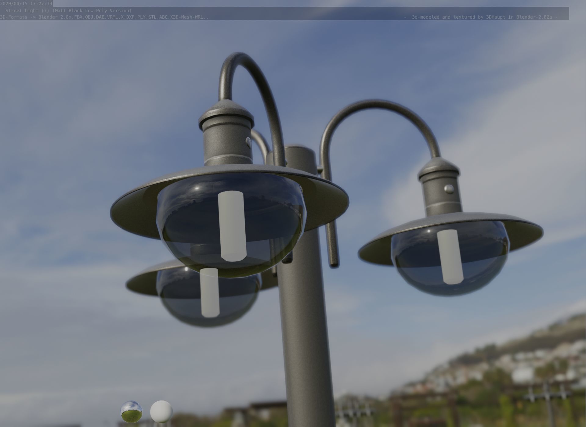 Street Light -7- Matt Black Version -3 Lamps-  Low-poly 3D model_61