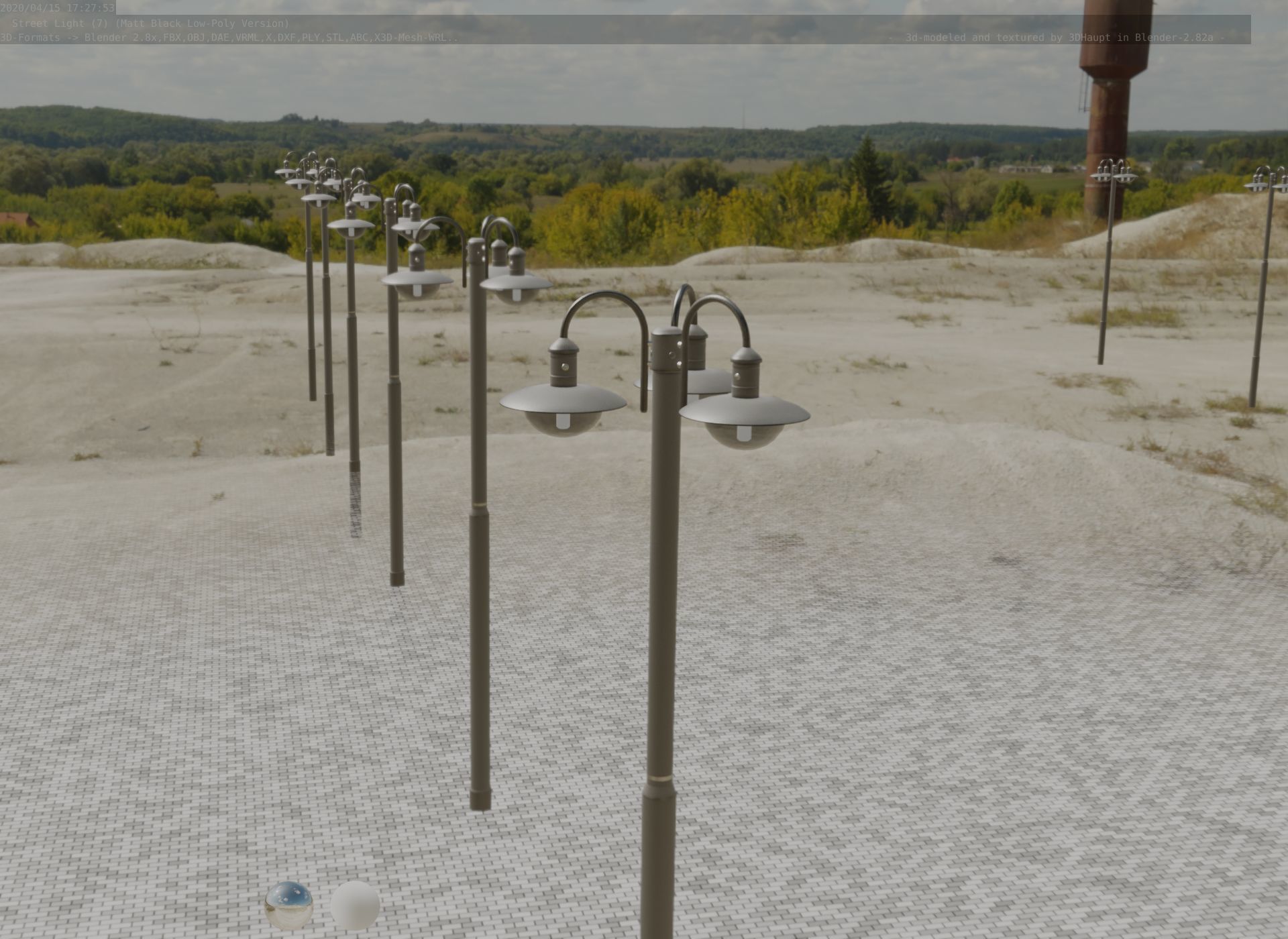 Street Light -7- Matt Black Version -3 Lamps-  Low-poly 3D model_71