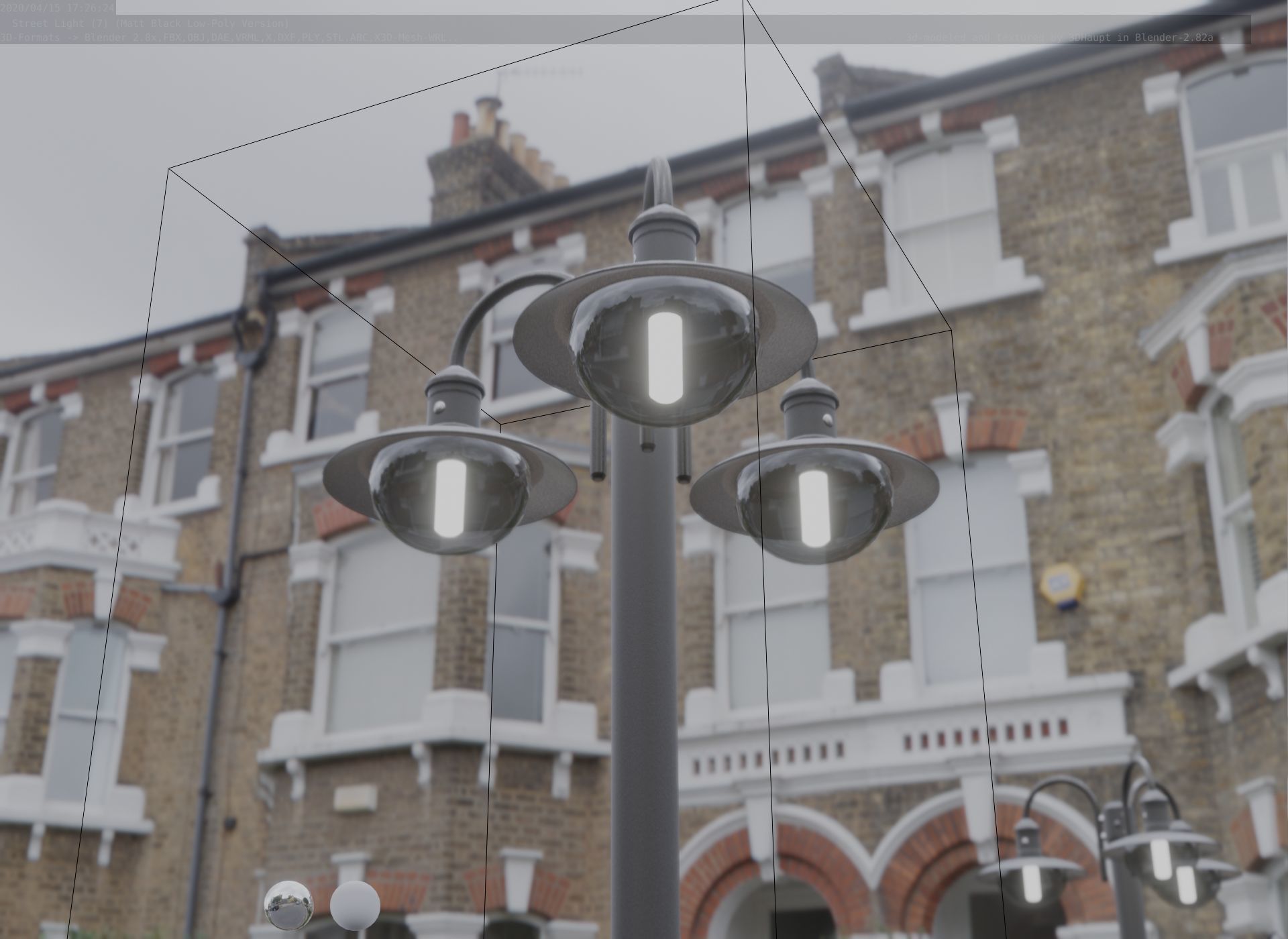 Street Light -7- Matt Black Version -3 Lamps-  Low-poly 3D model_5