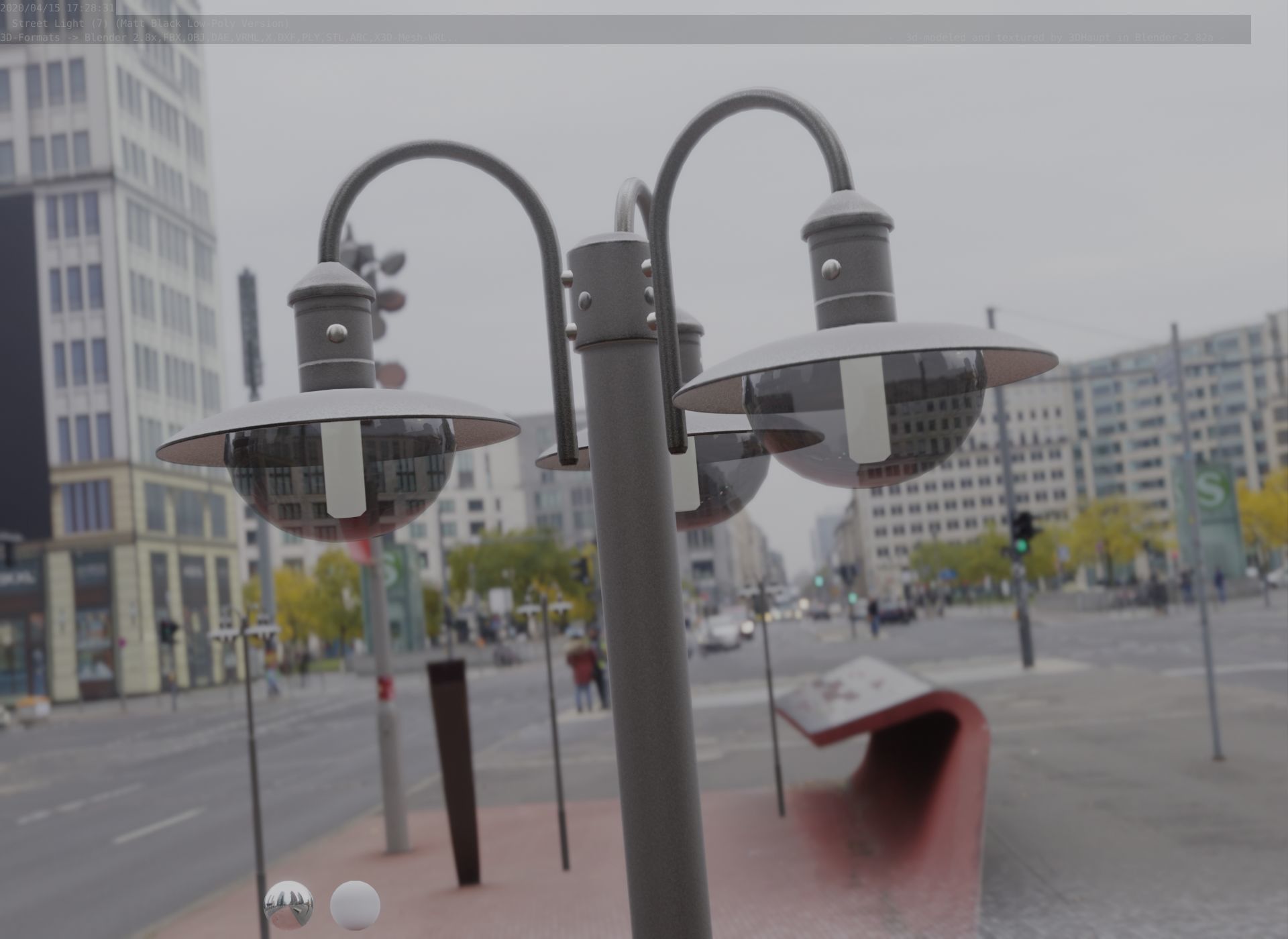 Street Light -7- Matt Black Version -3 Lamps-  Low-poly 3D model_9
