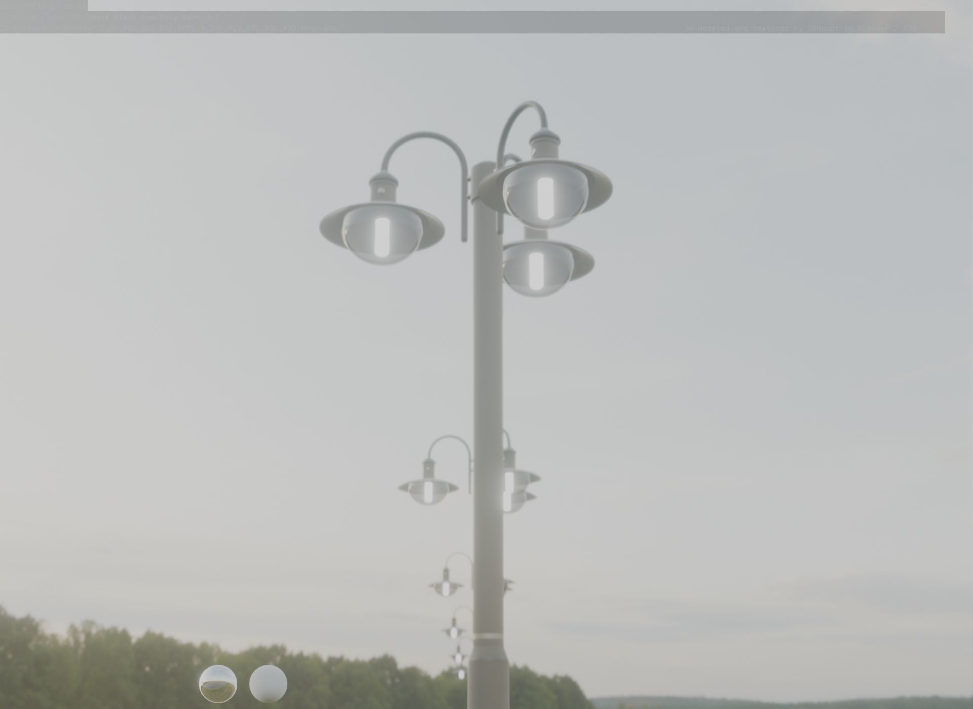 Street Light -7- Matt Black Version -3 Lamps-  Low-poly 3D model_19