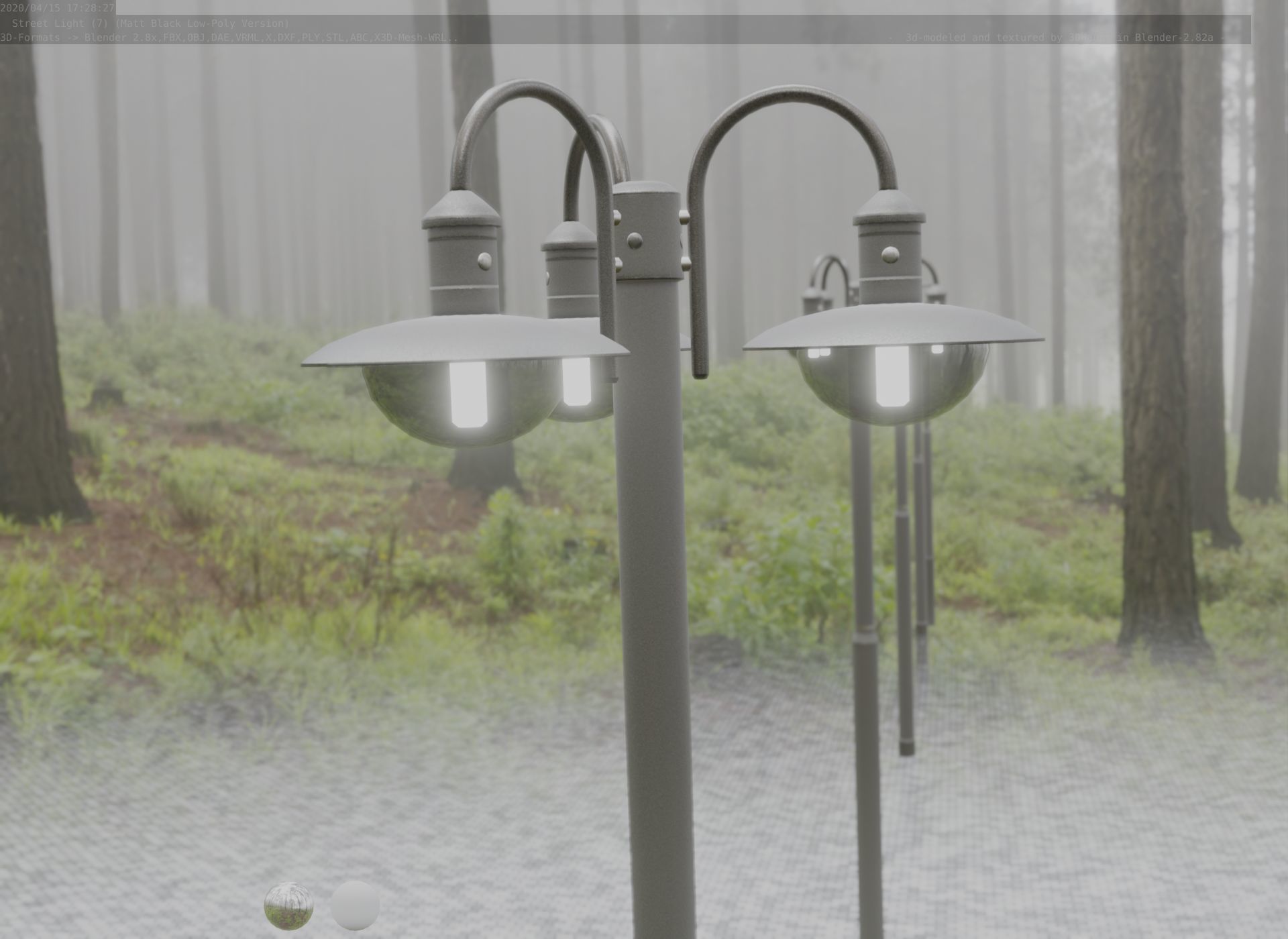 Street Light -7- Matt Black Version -3 Lamps-  Low-poly 3D model_98