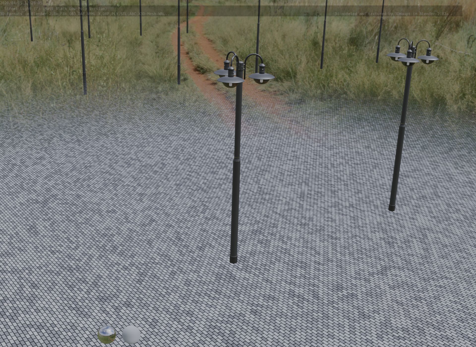 Street Light -7- Matt Black Version -3 Lamps-  Low-poly 3D model_81