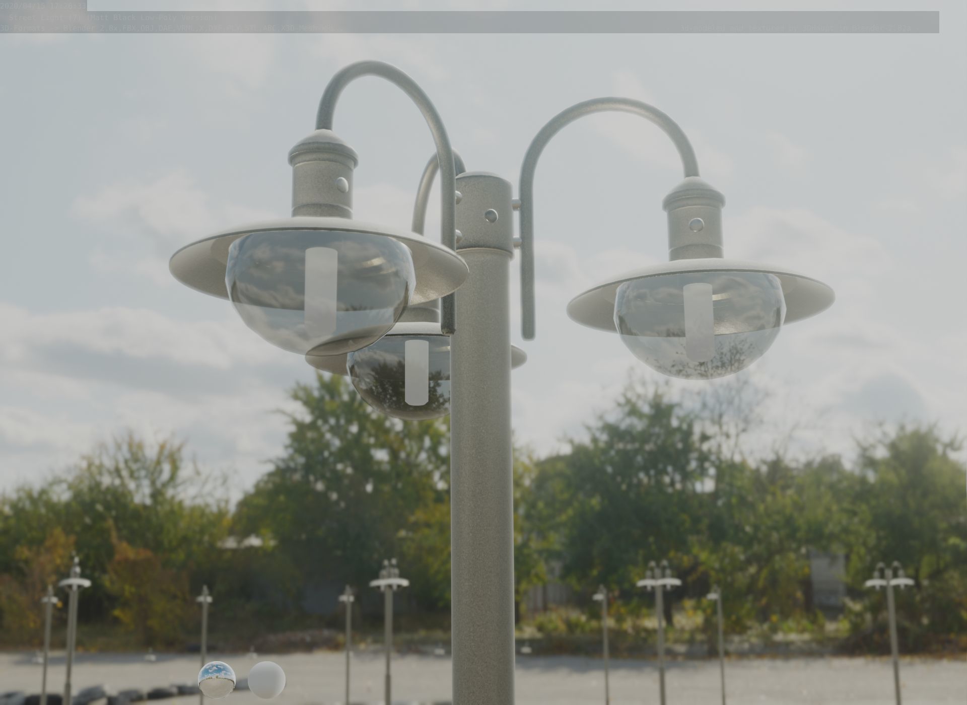 Street Light -7- Matt Black Version -3 Lamps-  Low-poly 3D model_26
