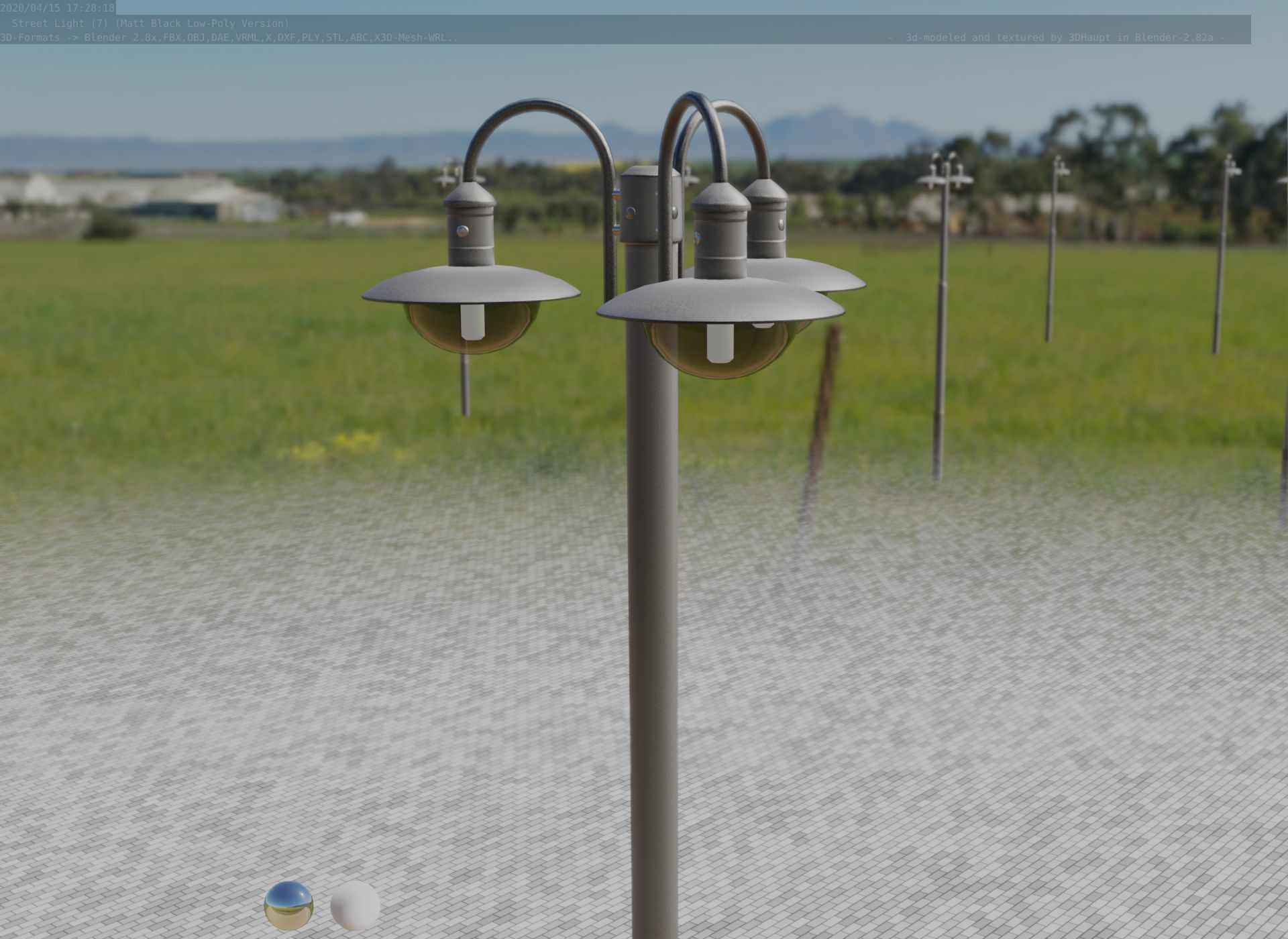 Street Light -7- Matt Black Version -3 Lamps-  Low-poly 3D model_91