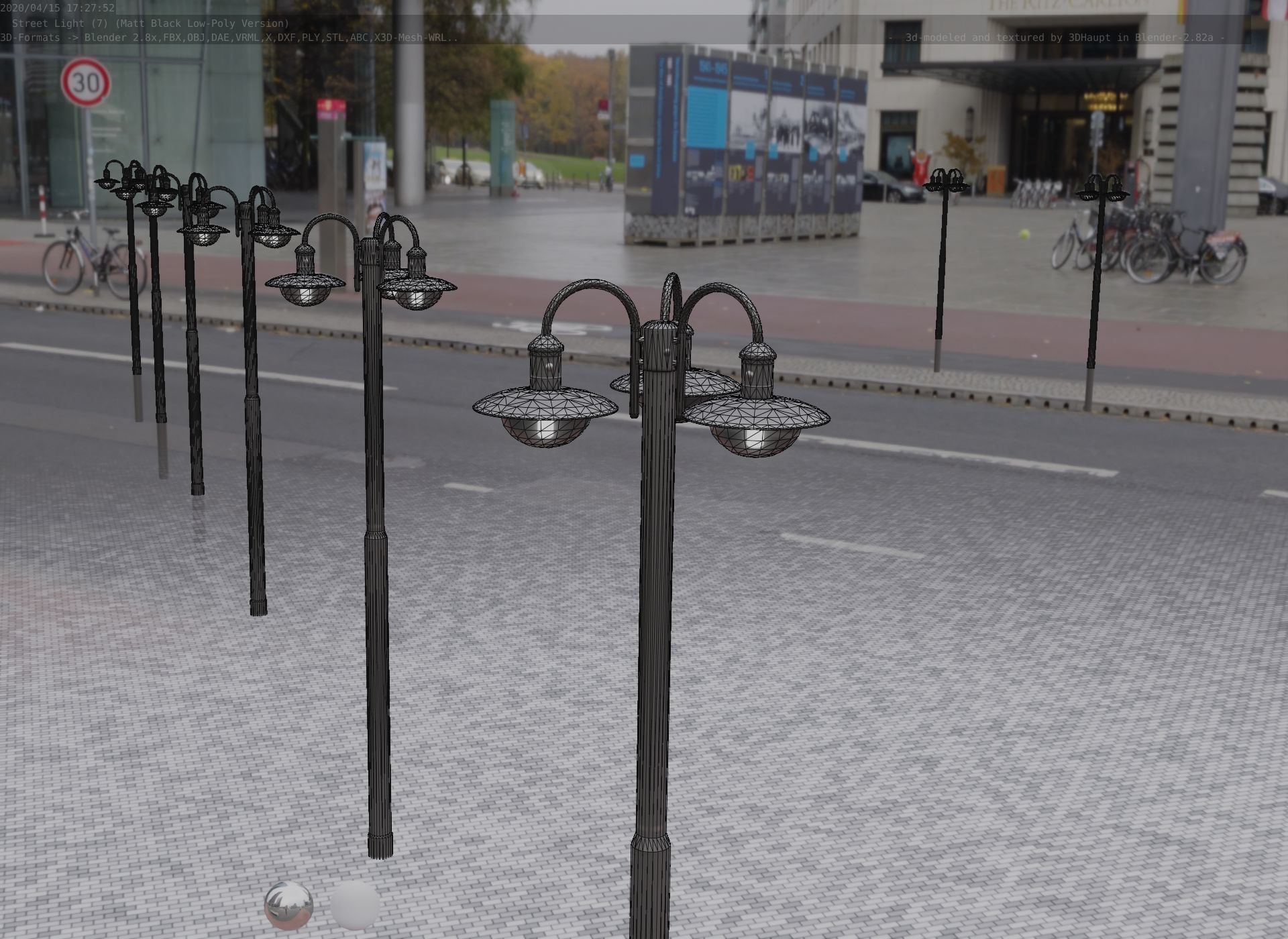 Street Light -7- Matt Black Version -3 Lamps-  Low-poly 3D model_70