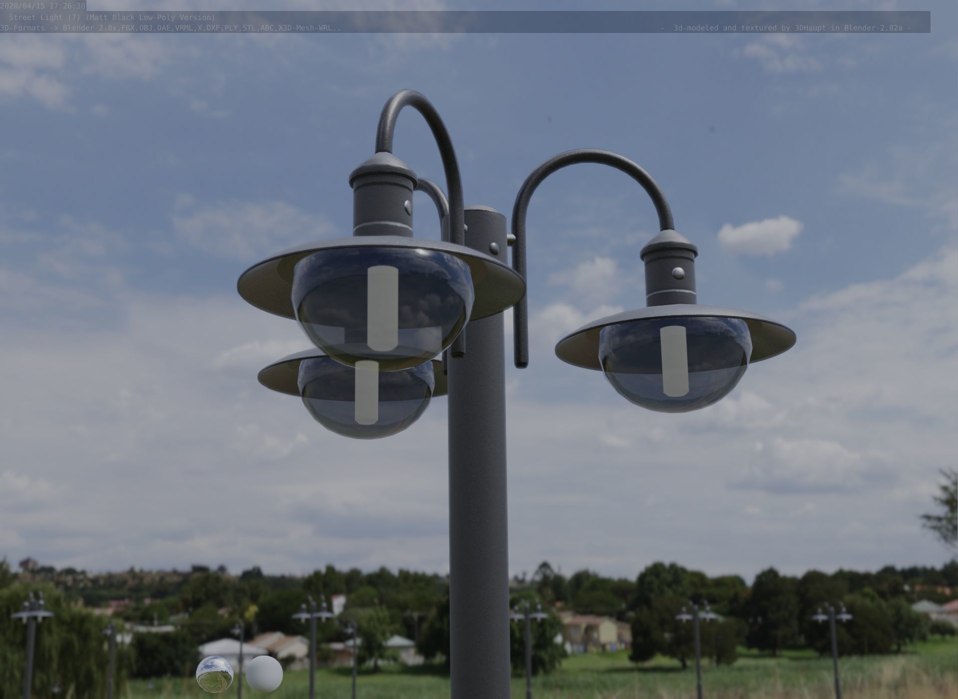 Street Light -7- Matt Black Version -3 Lamps-  Low-poly 3D model_24