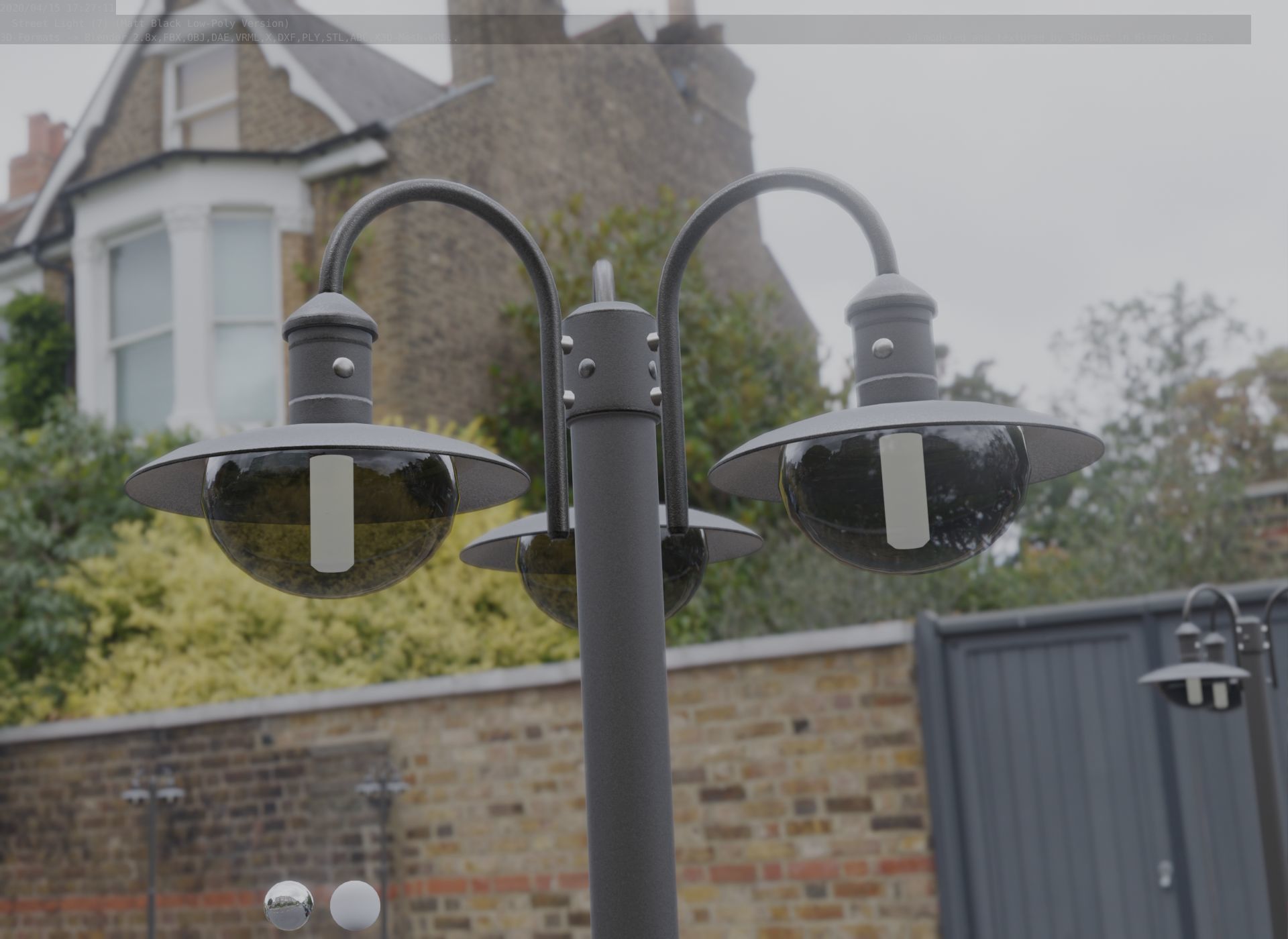 Street Light -7- Matt Black Version -3 Lamps-  Low-poly 3D model_7