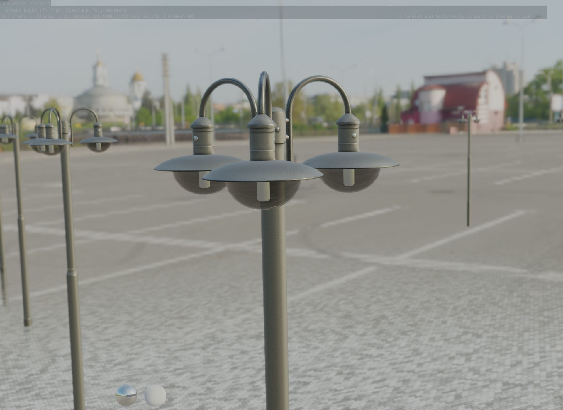 Street Light -7- Matt Black Version -3 Lamps-  Low-poly 3D model_94