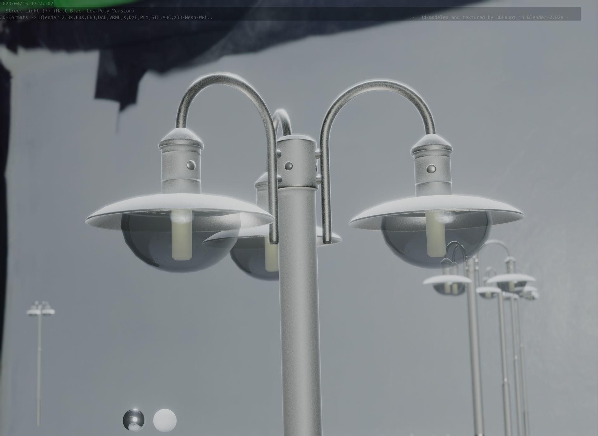Street Light -7- Matt Black Version -3 Lamps-  Low-poly 3D model_49