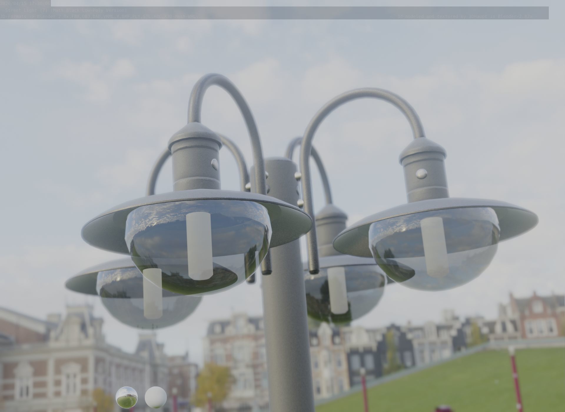 Street Light -7- Matt Black Version -4 Lamp-  Low-poly 3D model_55