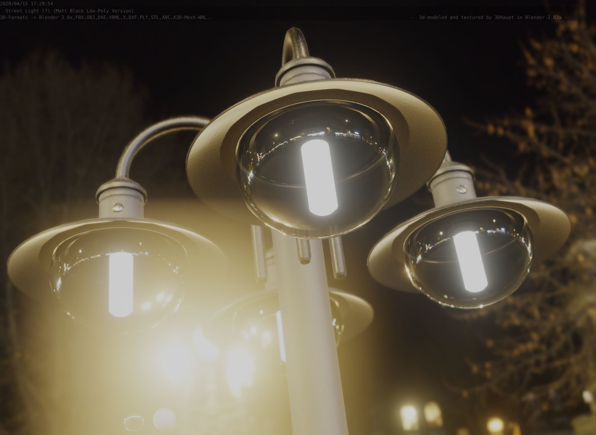 Street Light -7- Matt Black Version -4 Lamp-  Low-poly 3D model_49