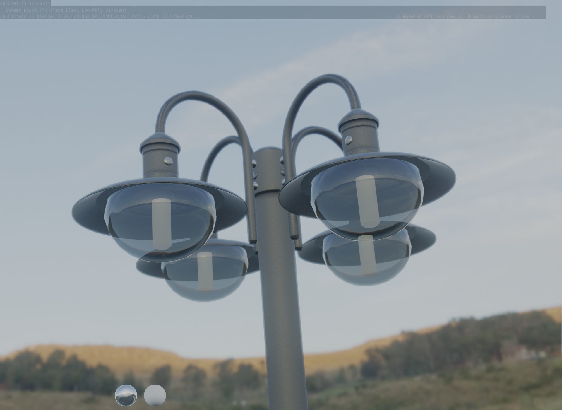 Street Light -7- Matt Black Version -4 Lamp-  Low-poly 3D model_43