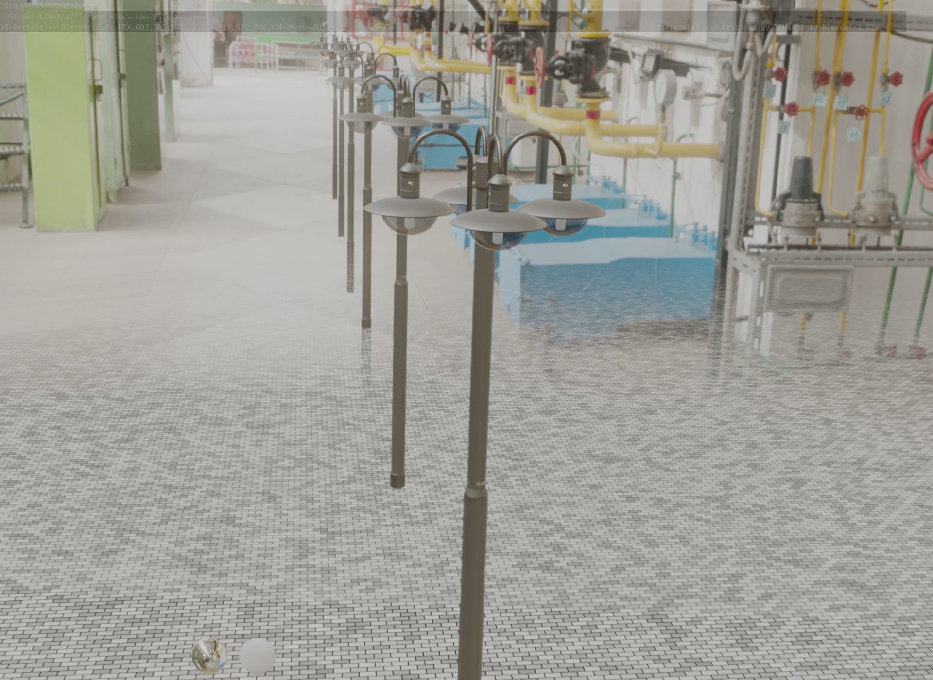 Street Light -7- Matt Black Version -4 Lamp-  Low-poly 3D model_65