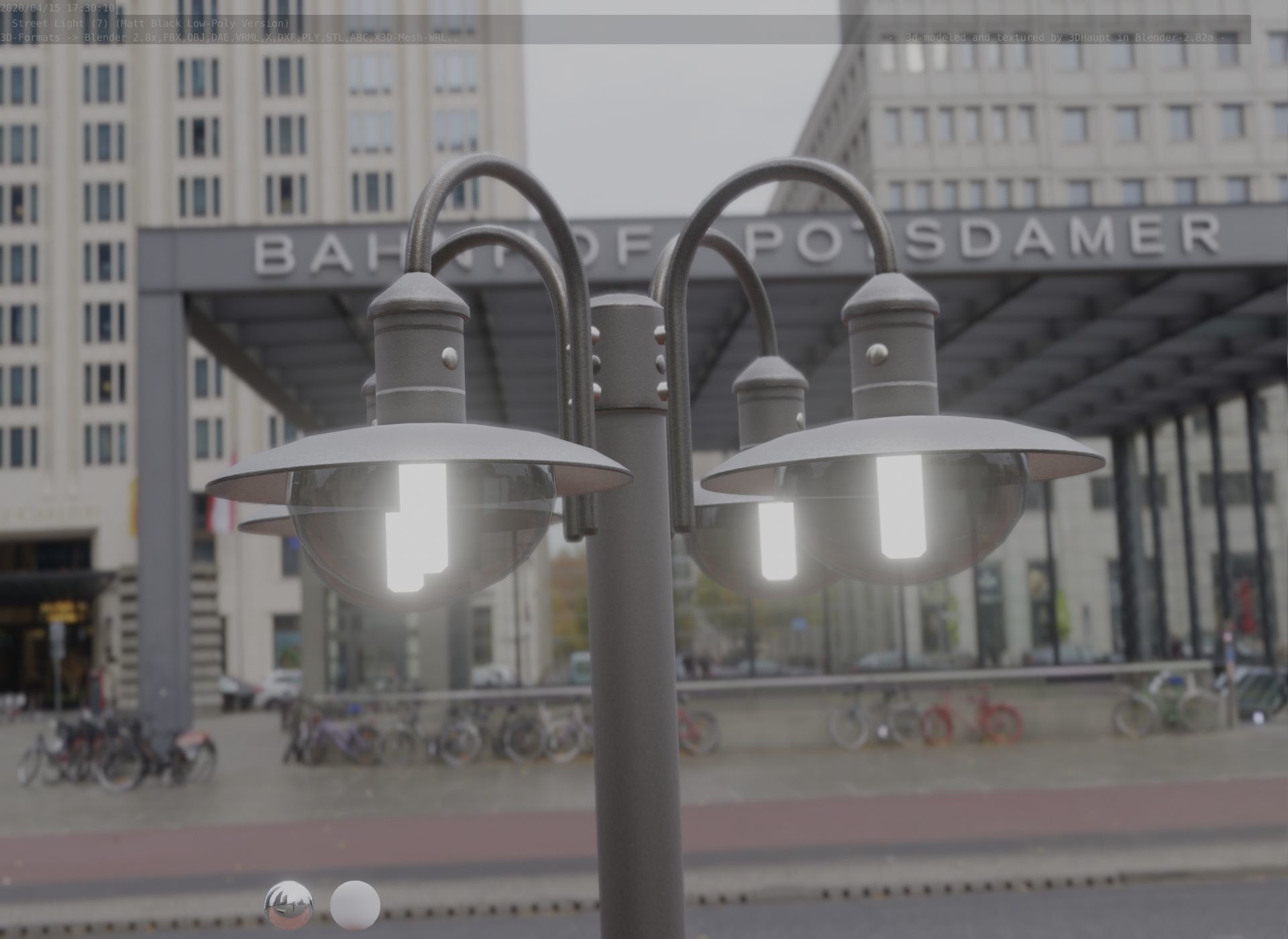 Street Light -7- Matt Black Version -4 Lamp-  Low-poly 3D model_57