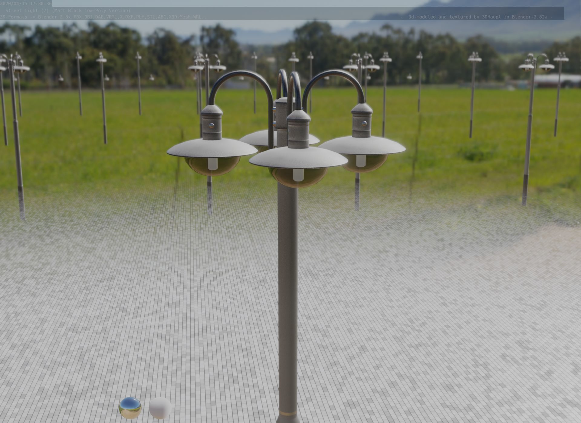 Street Light -7- Matt Black Version -4 Lamp-  Low-poly 3D model_79