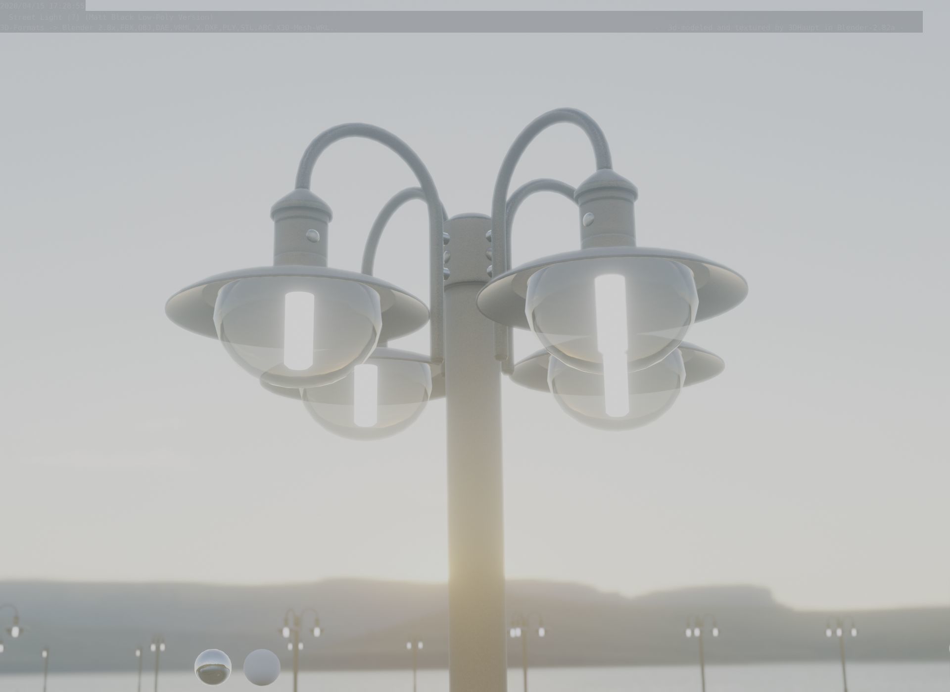 Street Light -7- Matt Black Version -4 Lamp-  Low-poly 3D model_32