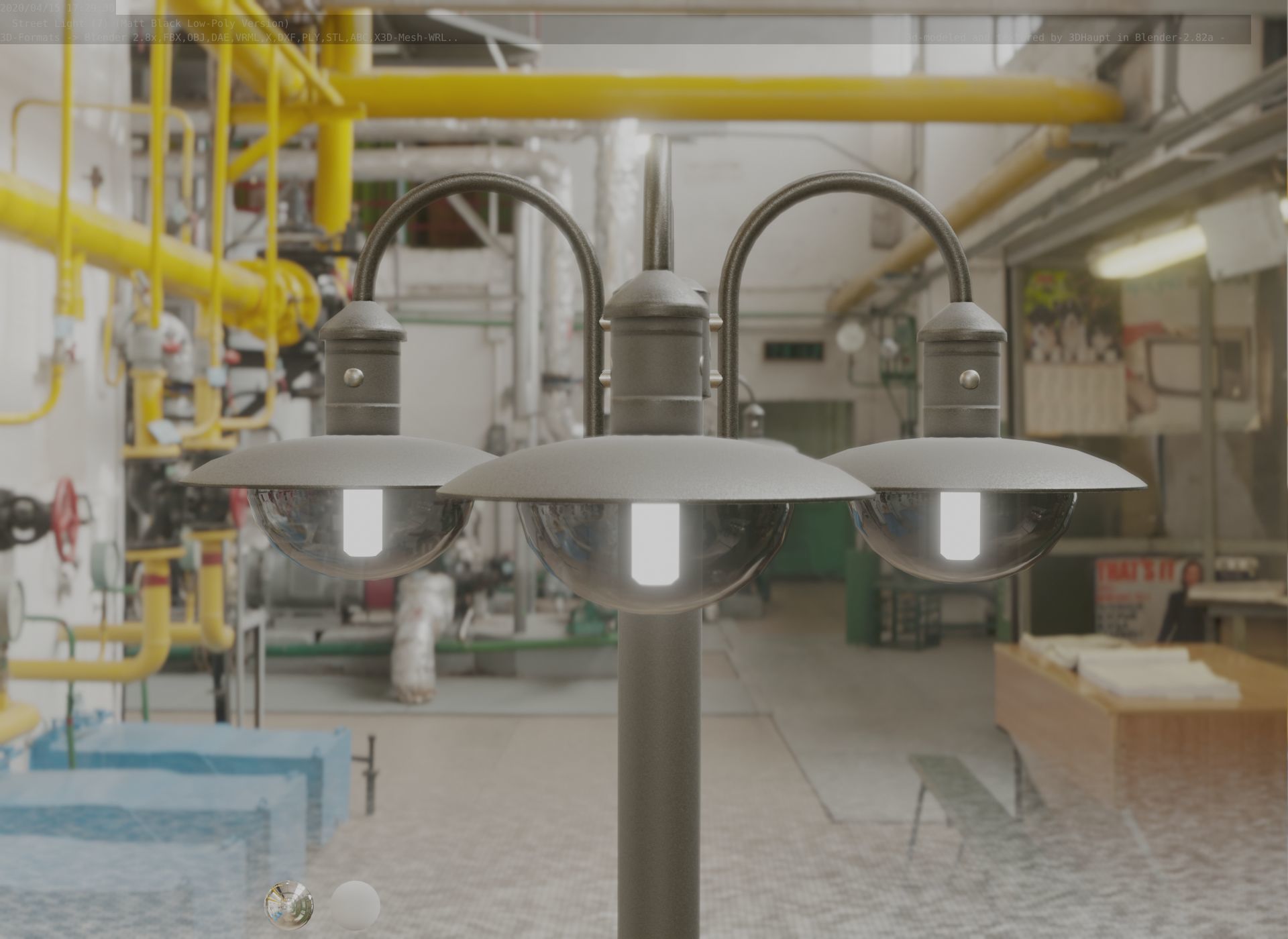 Street Light -7- Matt Black Version -4 Lamp-  Low-poly 3D model_15