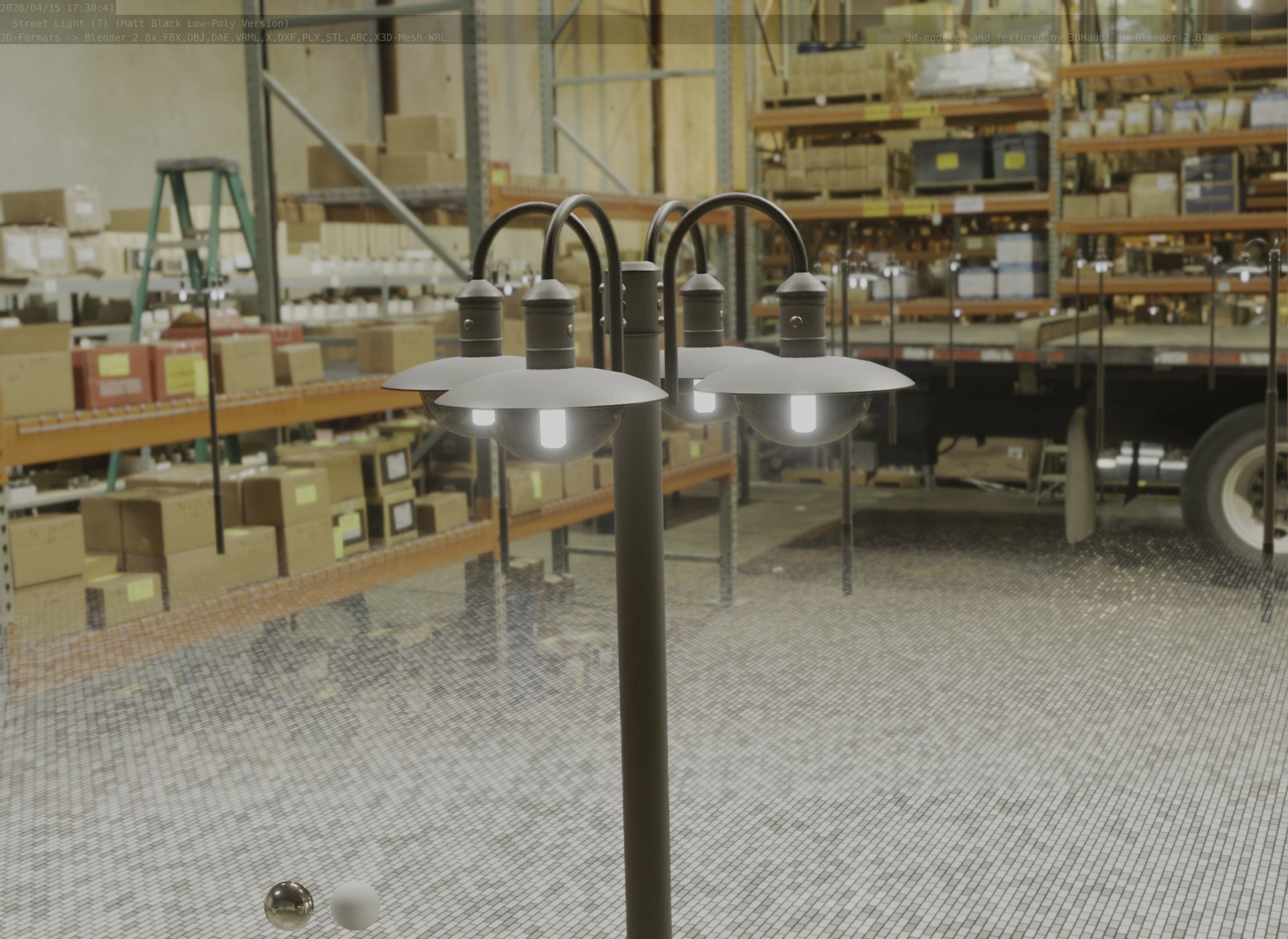 Street Light -7- Matt Black Version -4 Lamp-  Low-poly 3D model_83