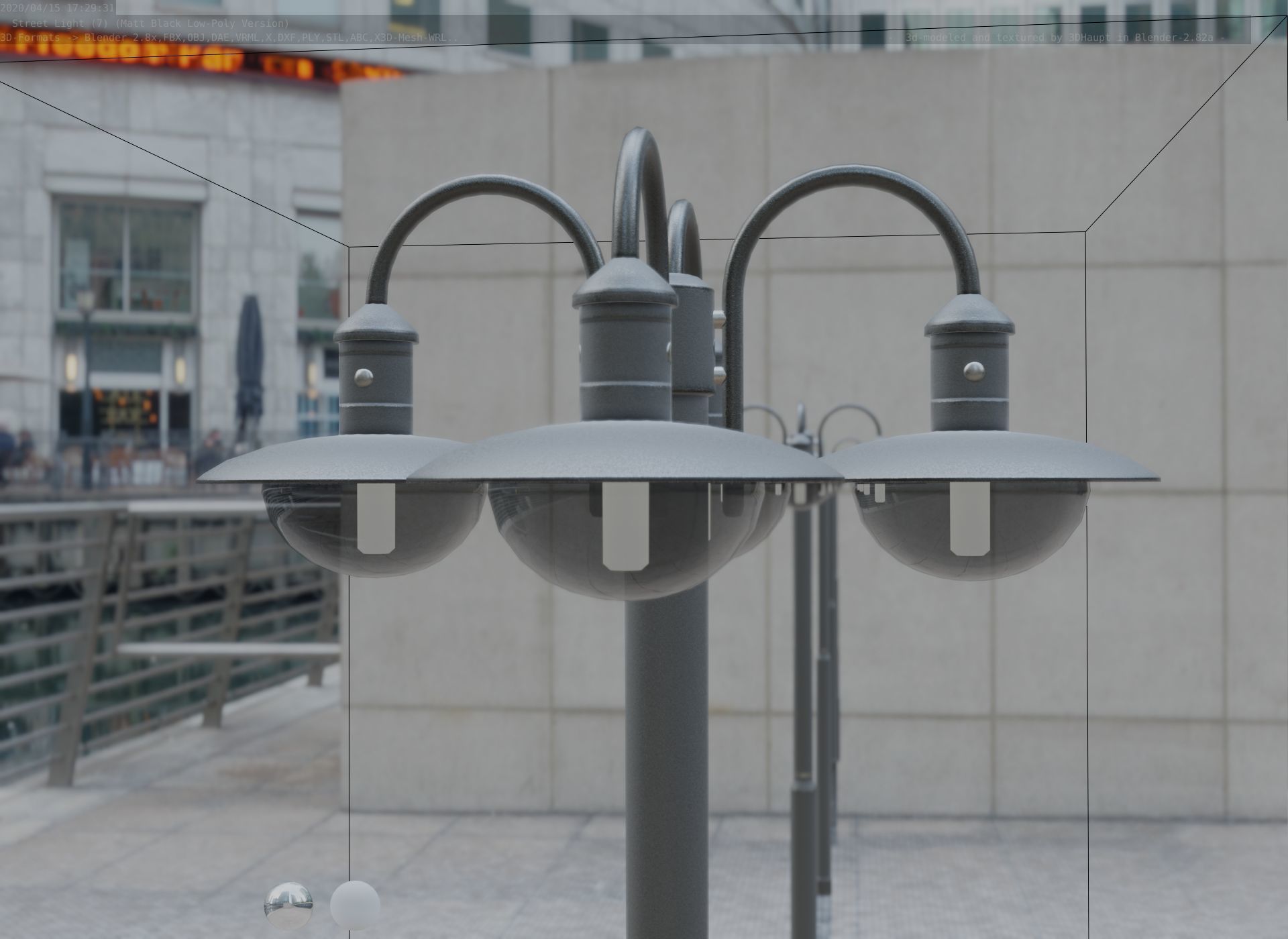 Street Light -7- Matt Black Version -4 Lamp-  Low-poly 3D model_16