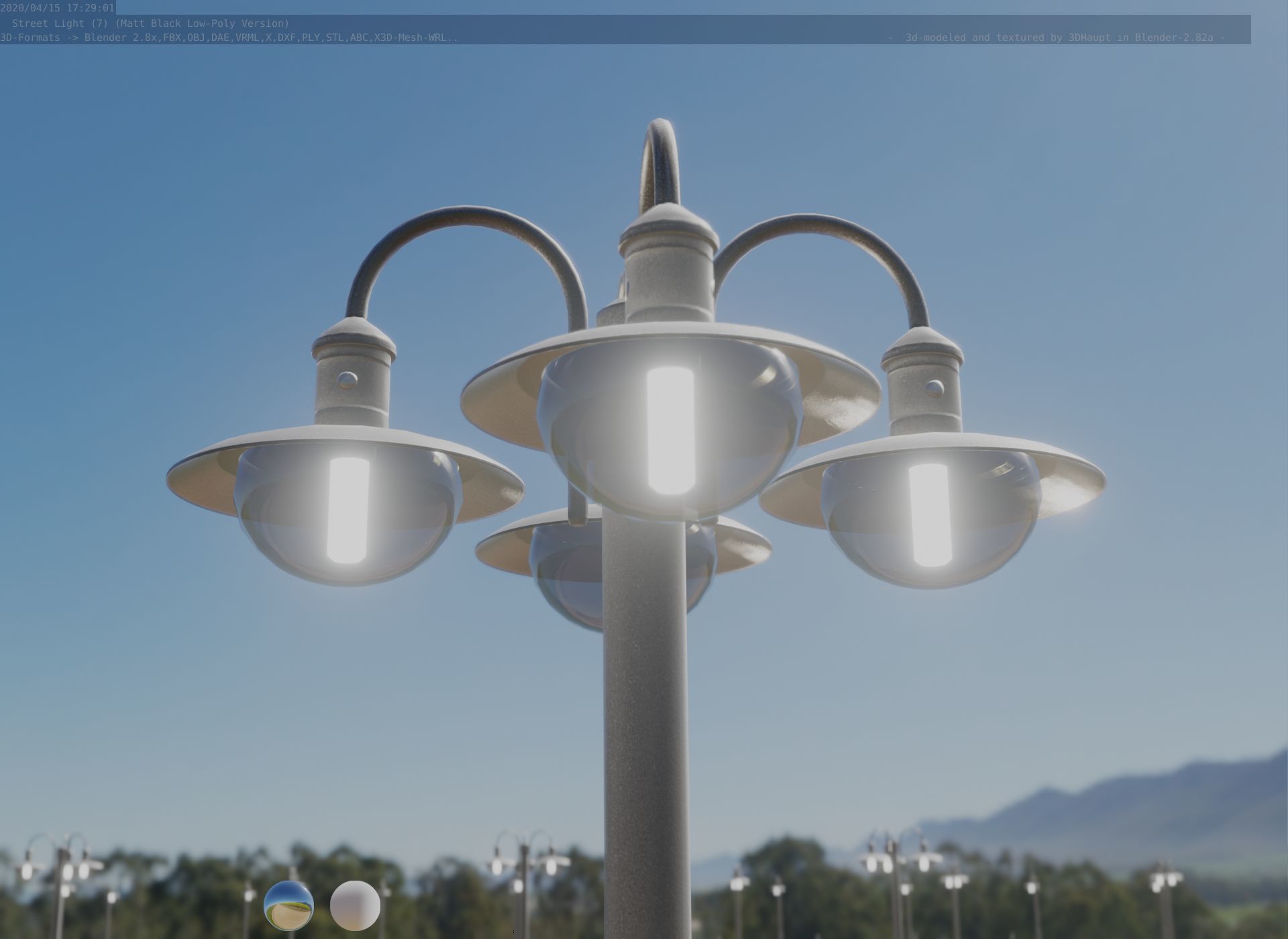 Street Light -7- Matt Black Version -4 Lamp-  Low-poly 3D model_35