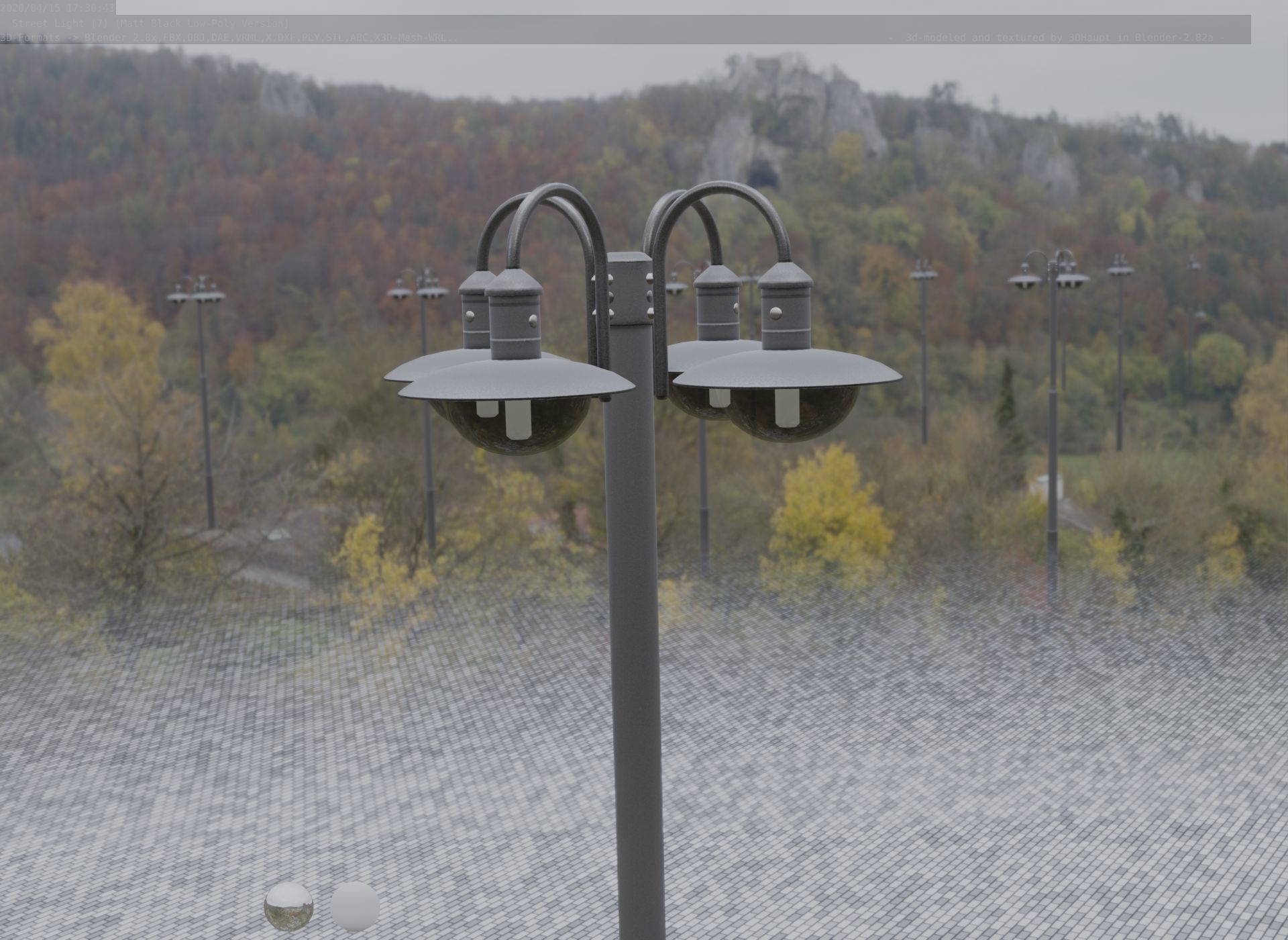 Street Light -7- Matt Black Version -4 Lamp-  Low-poly 3D model_84