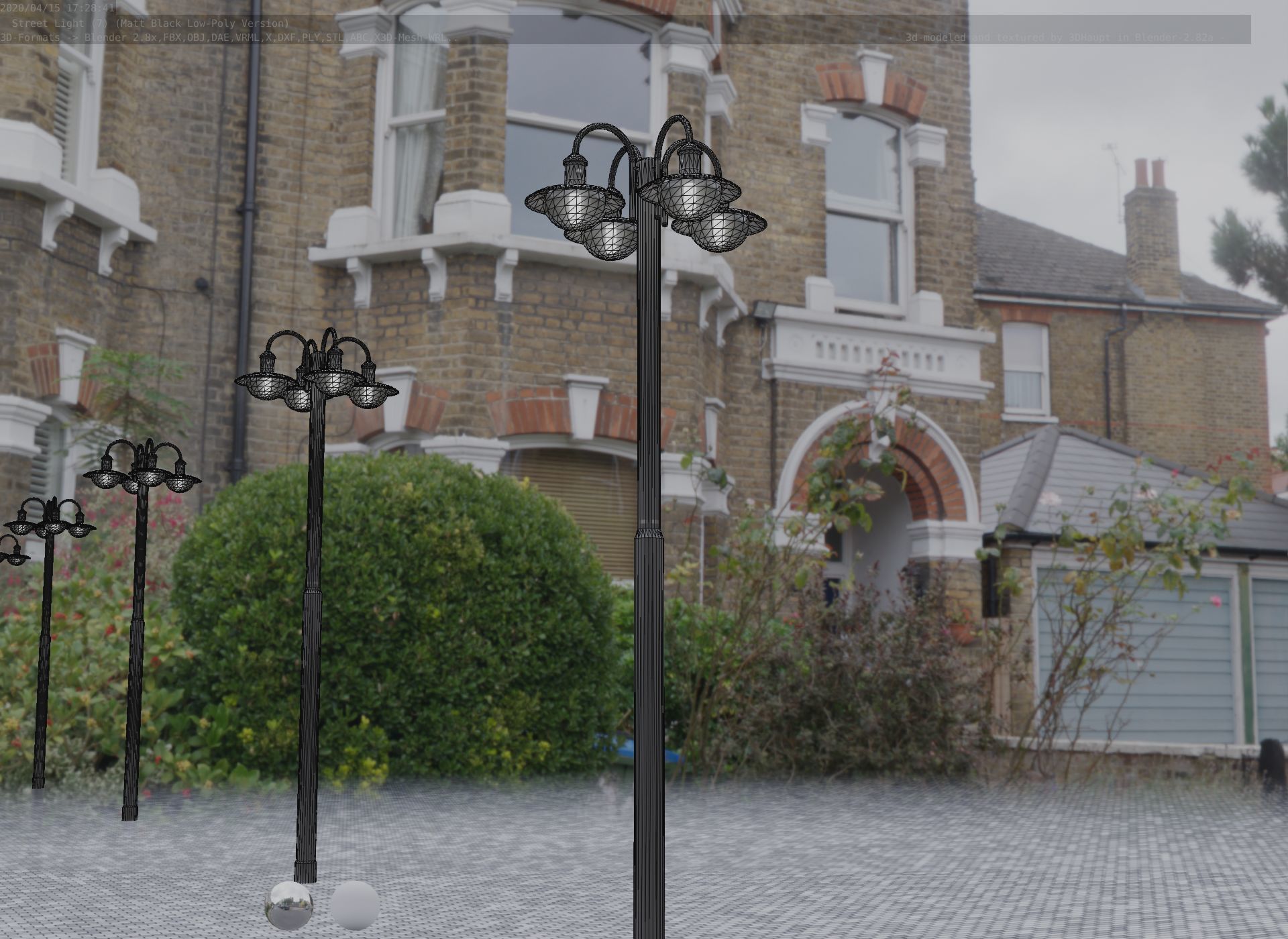 Street Light -7- Matt Black Version -4 Lamp-  Low-poly 3D model_24