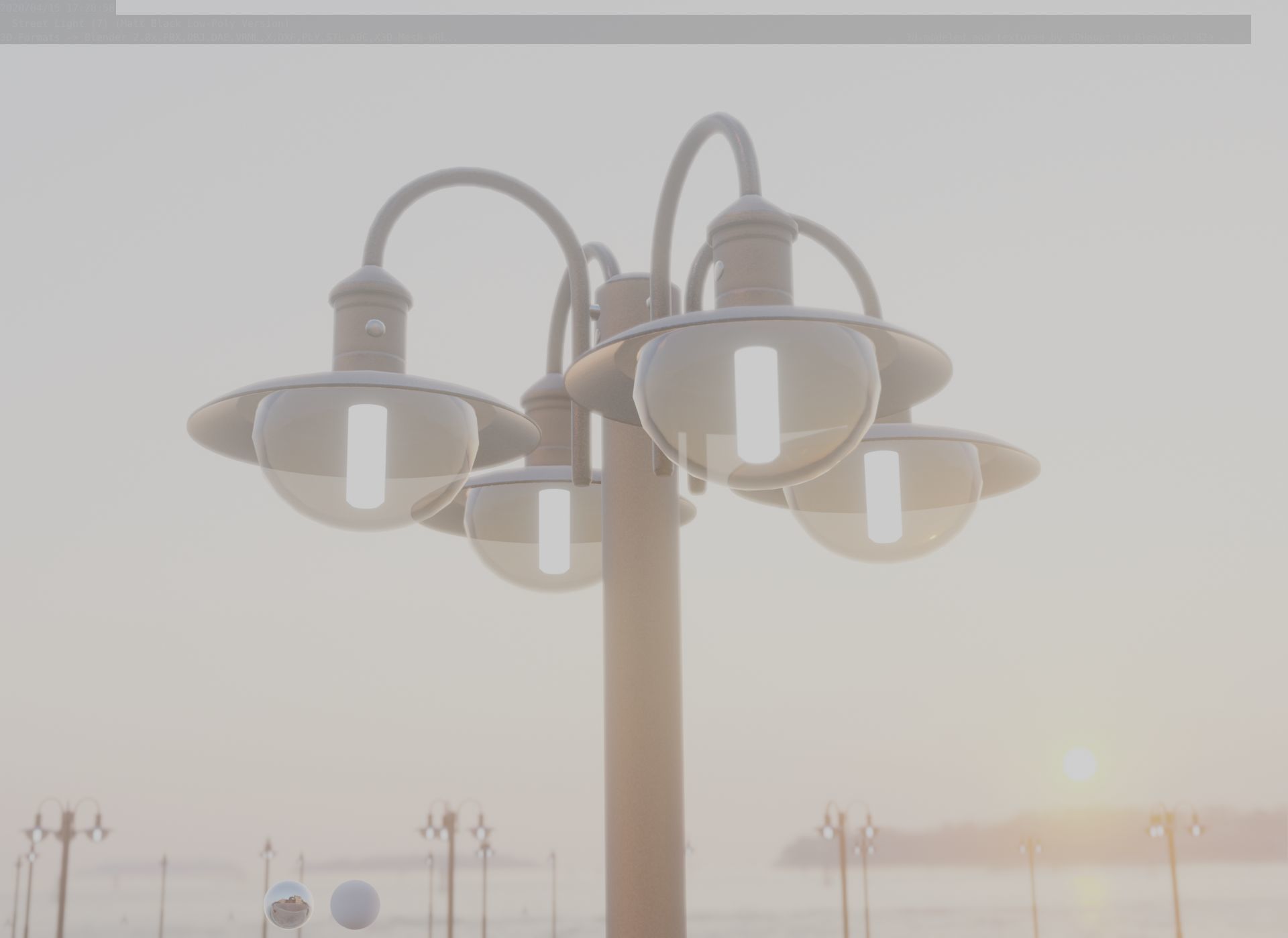 Street Light -7- Matt Black Version -4 Lamp-  Low-poly 3D model_4