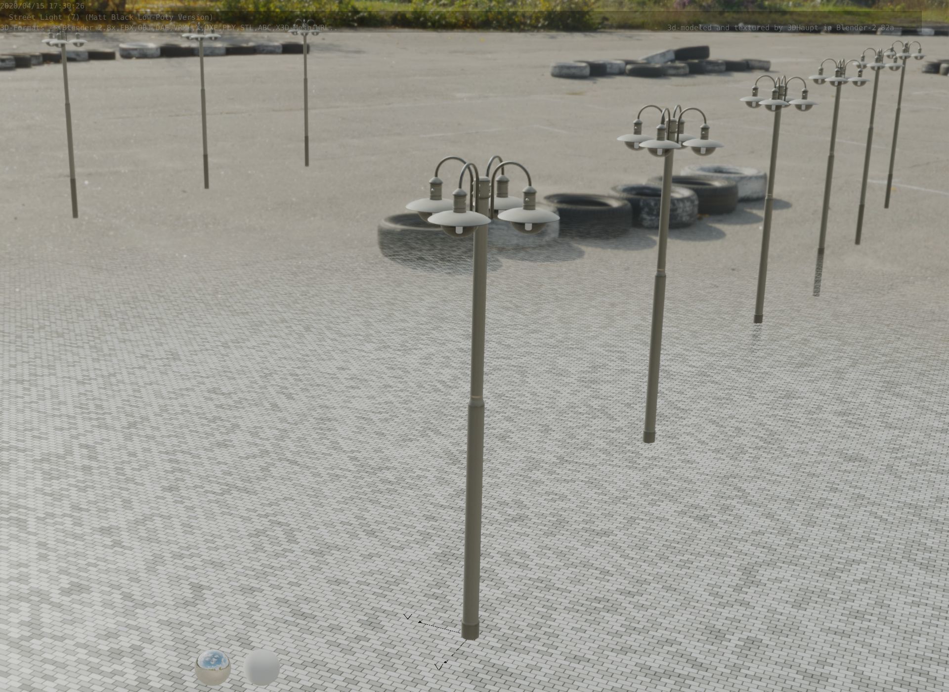 Street Light -7- Matt Black Version -4 Lamp-  Low-poly 3D model_71