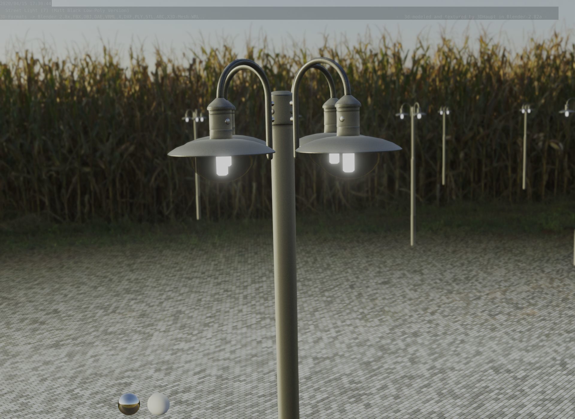 Street Light -7- Matt Black Version -4 Lamp-  Low-poly 3D model_85