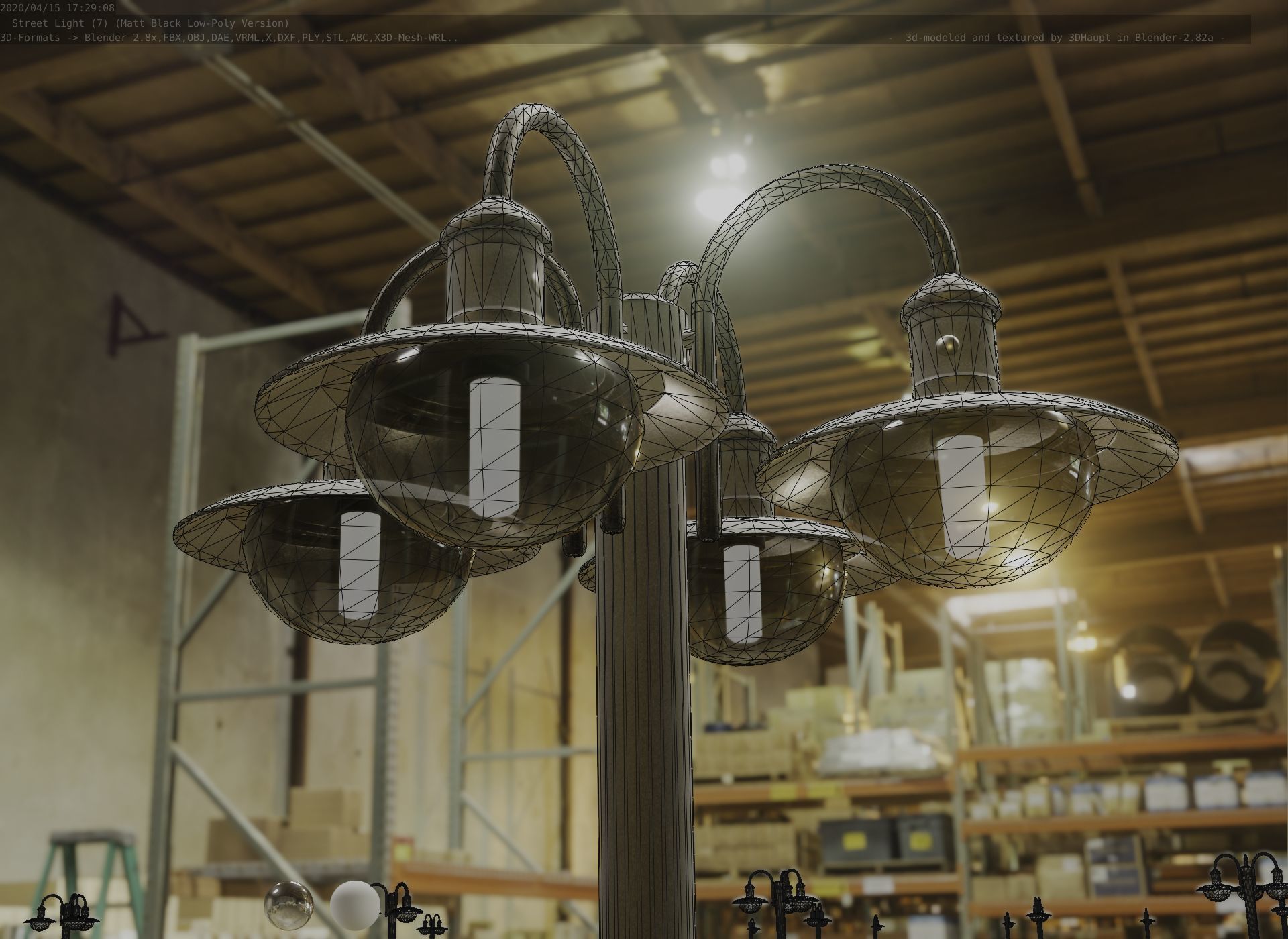 Street Light -7- Matt Black Version -4 Lamp-  Low-poly 3D model_39