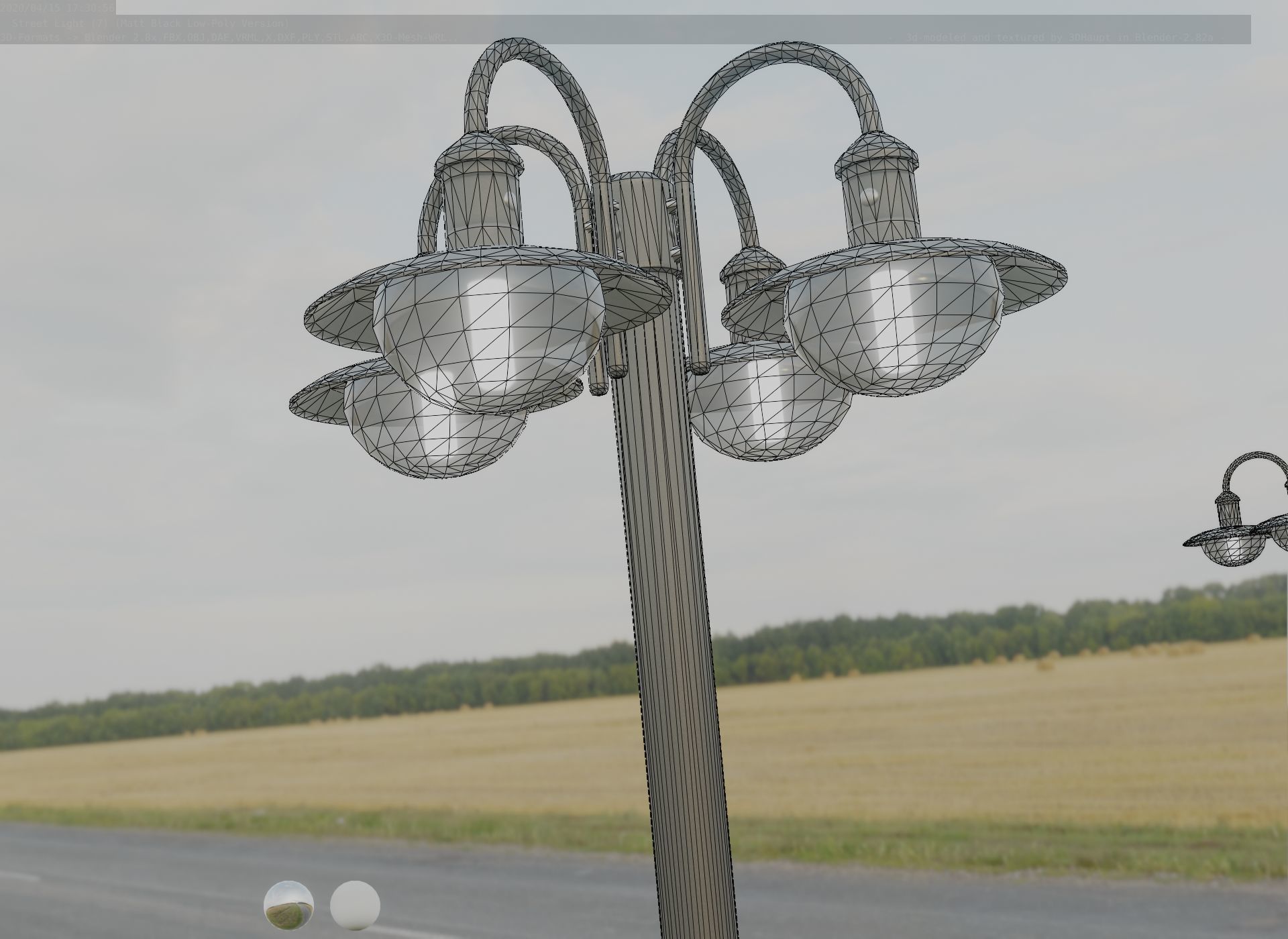 Street Light -7- Matt Black Version -4 Lamp-  Low-poly 3D model_92