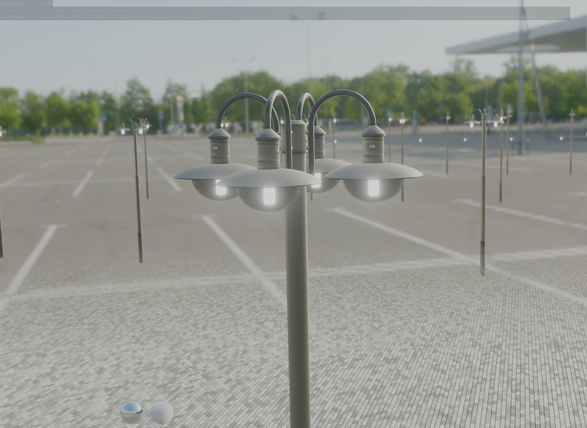 Street Light -7- Matt Black Version -4 Lamp-  Low-poly 3D model_82