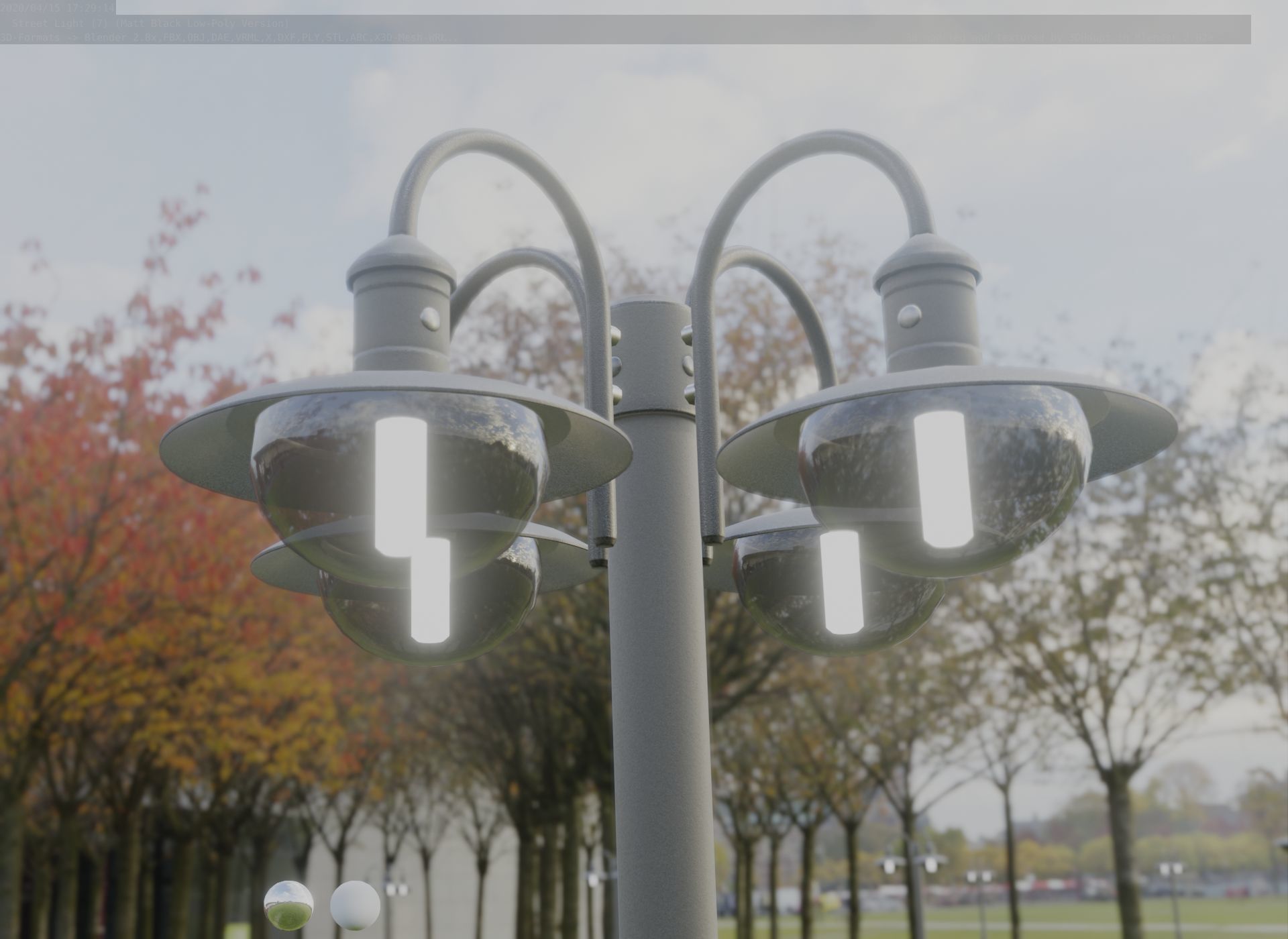 Street Light -7- Matt Black Version -4 Lamp-  Low-poly 3D model_5