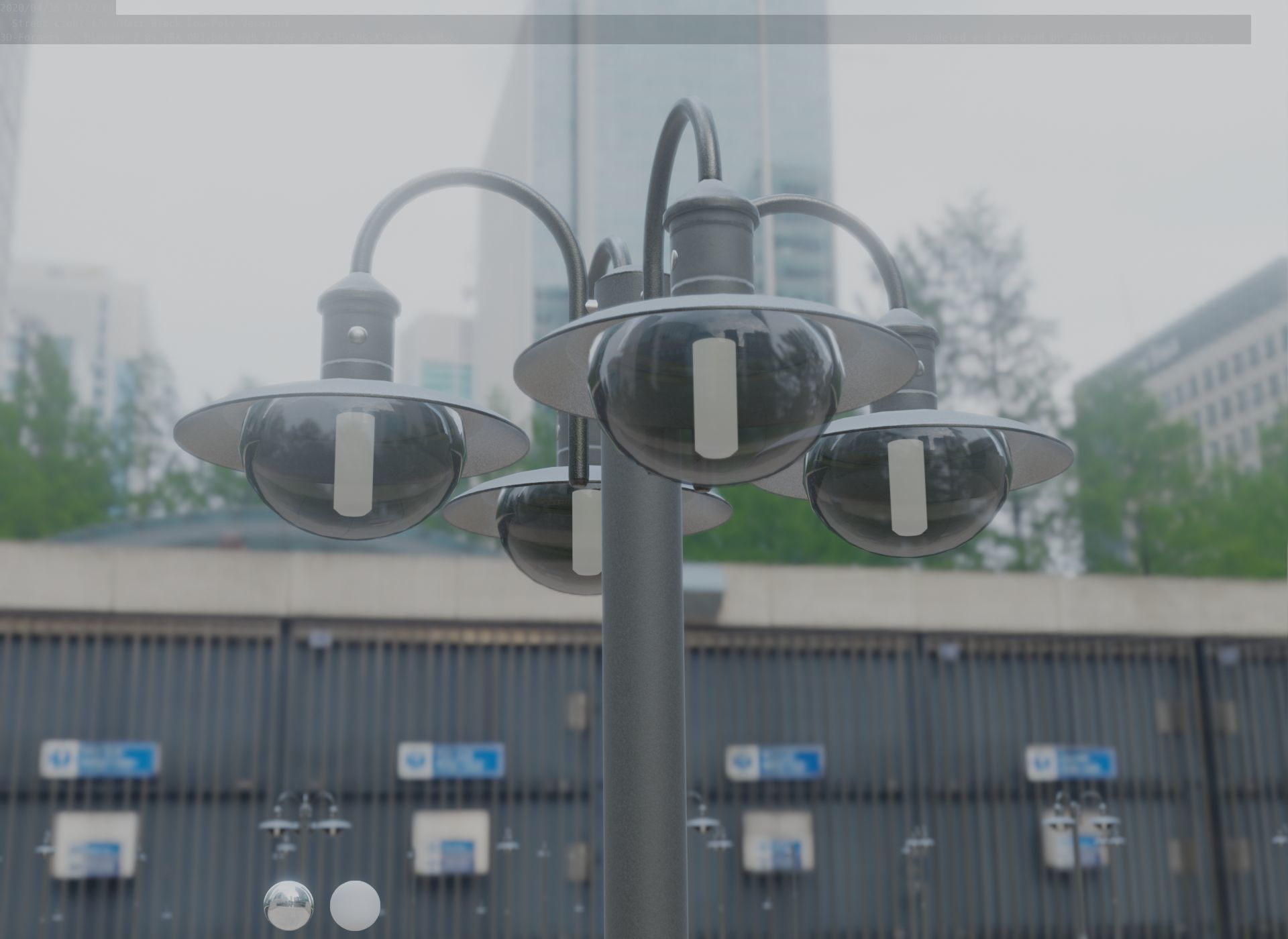 Street Light -7- Matt Black Version -4 Lamp-  Low-poly 3D model_34
