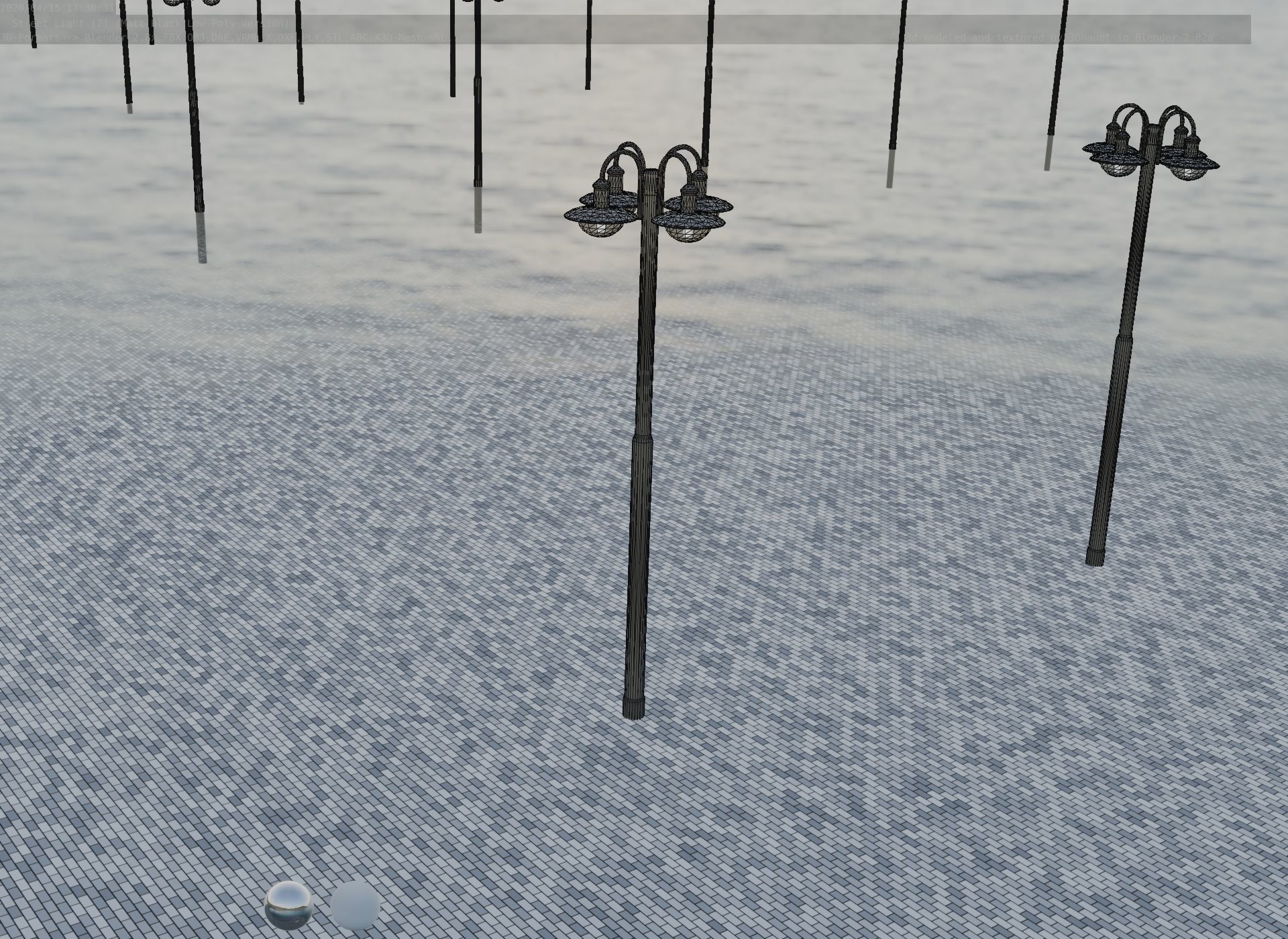 Street Light -7- Matt Black Version -4 Lamp-  Low-poly 3D model_75